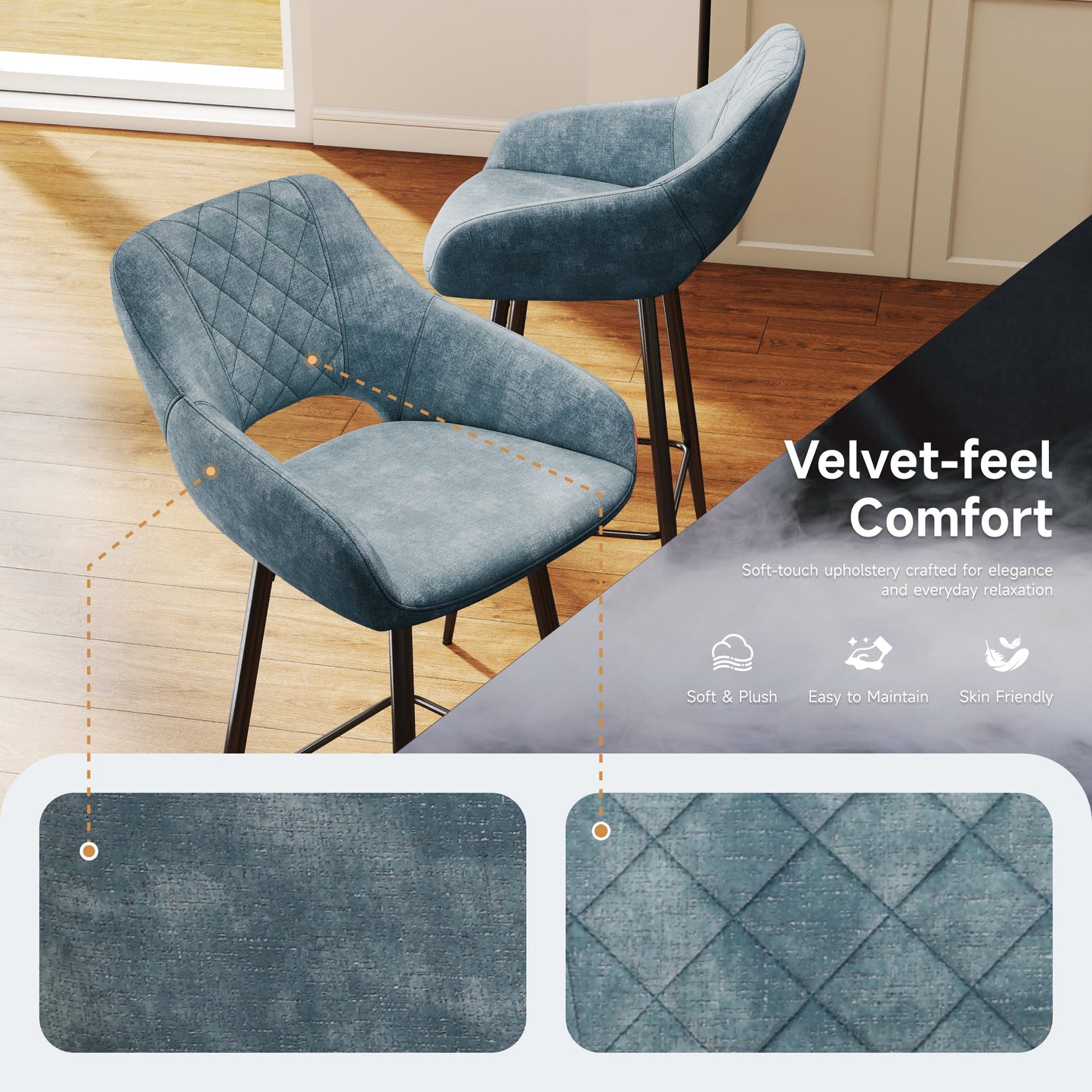 Aura Velvet Bar Stools Set of 2, Velvet-feel Fabric Counter Height Chairs with Steel Legs, Blue - HOMCOM