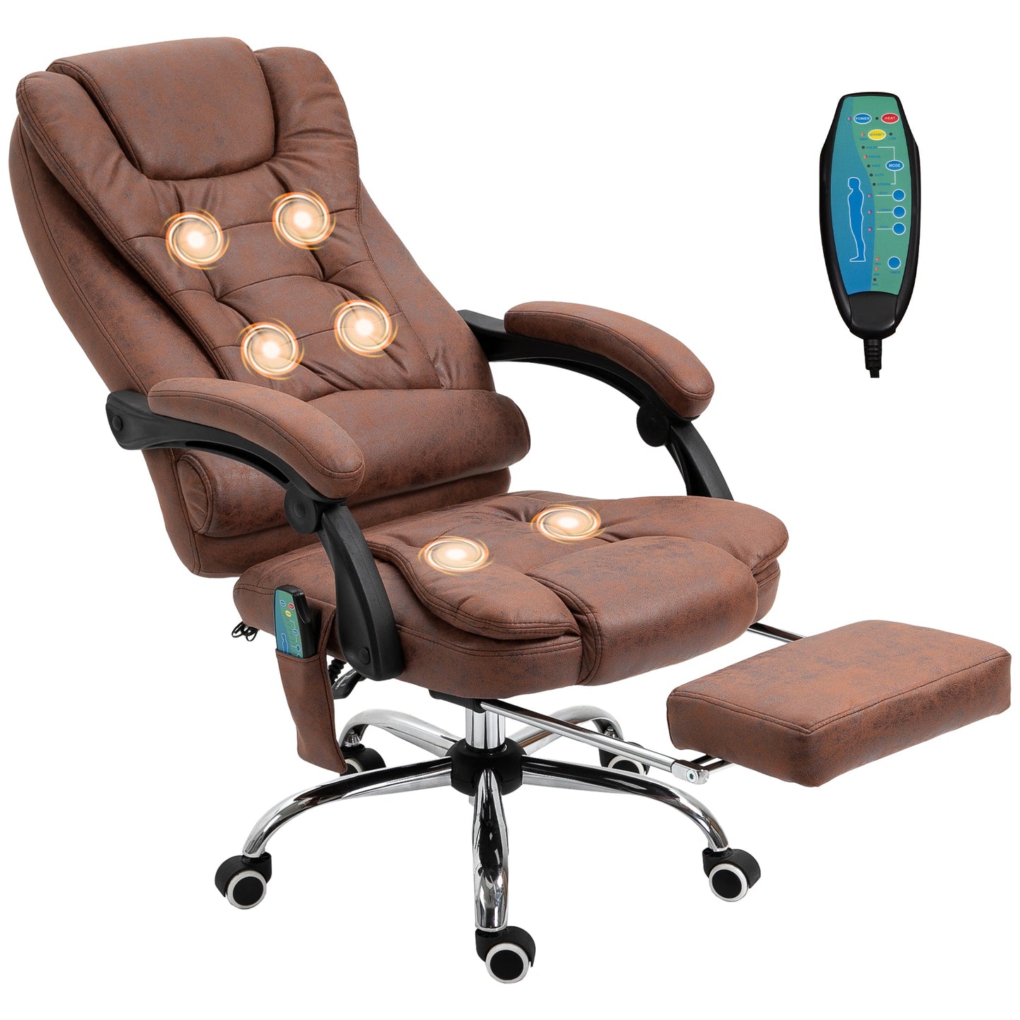 6-Point Massage Office Chair with Heated Back, Reclining and Footrest, Brown