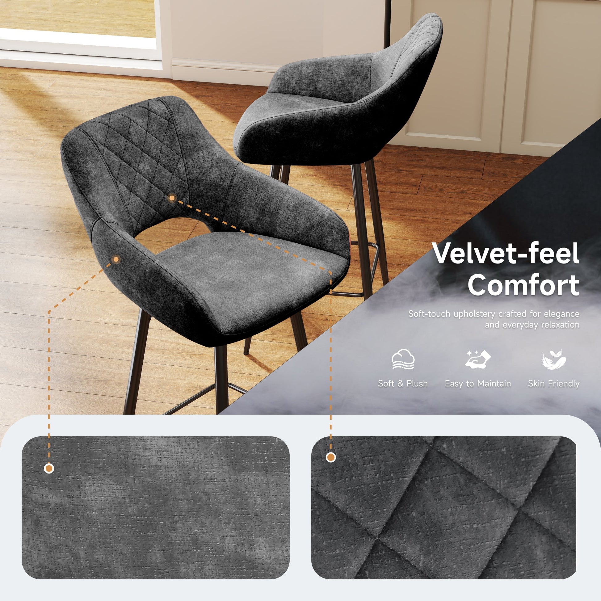 Aura Velvet Bar Stools Set of 2, Velvet-feel Fabric Counter Height Chairs with Steel Legs, Dark Grey - HOMCOM