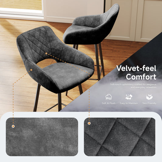 Aura Velvet Bar Stools Set of 2, Velvet-feel Fabric Counter Height Chairs with Steel Legs, Dark Grey - HOMCOM