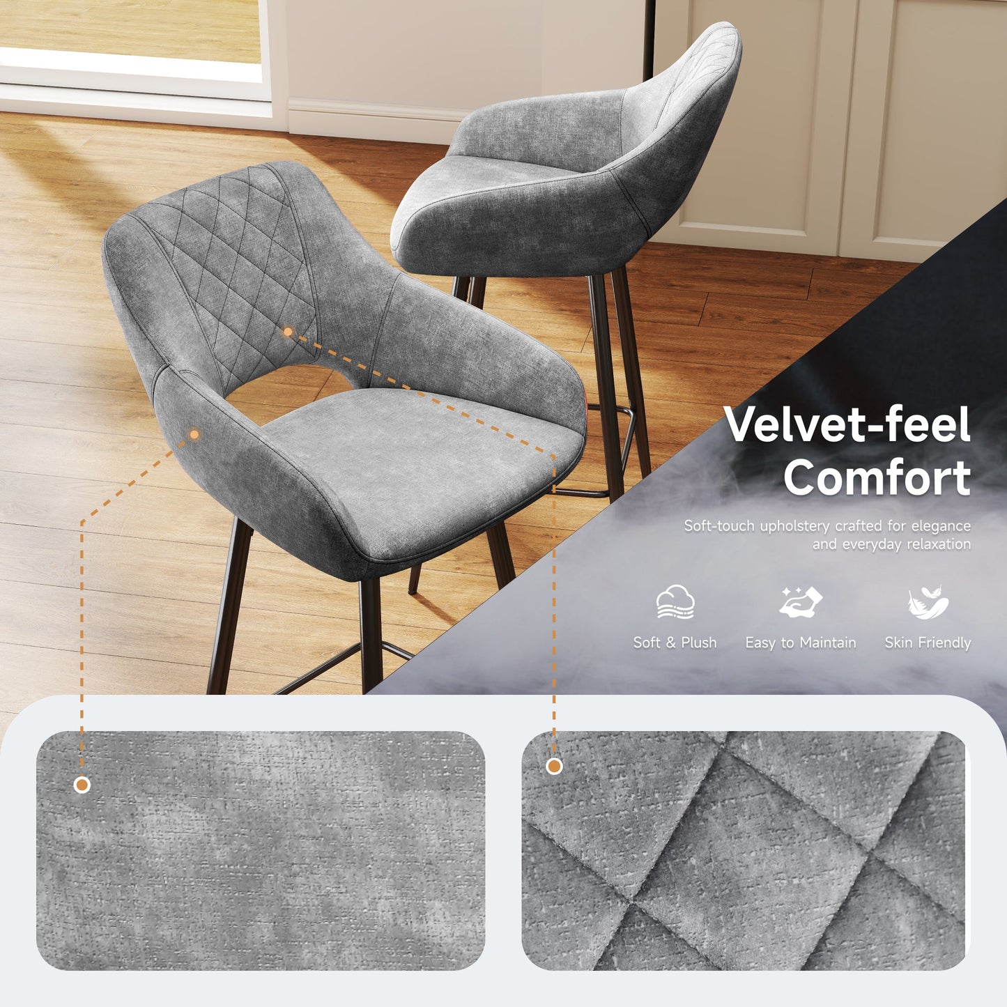 Aura Velvet Bar Stools Set of 2, Velvet-feel Fabric Counter Height Chairs with Steel Legs, Grey - HOMCOM