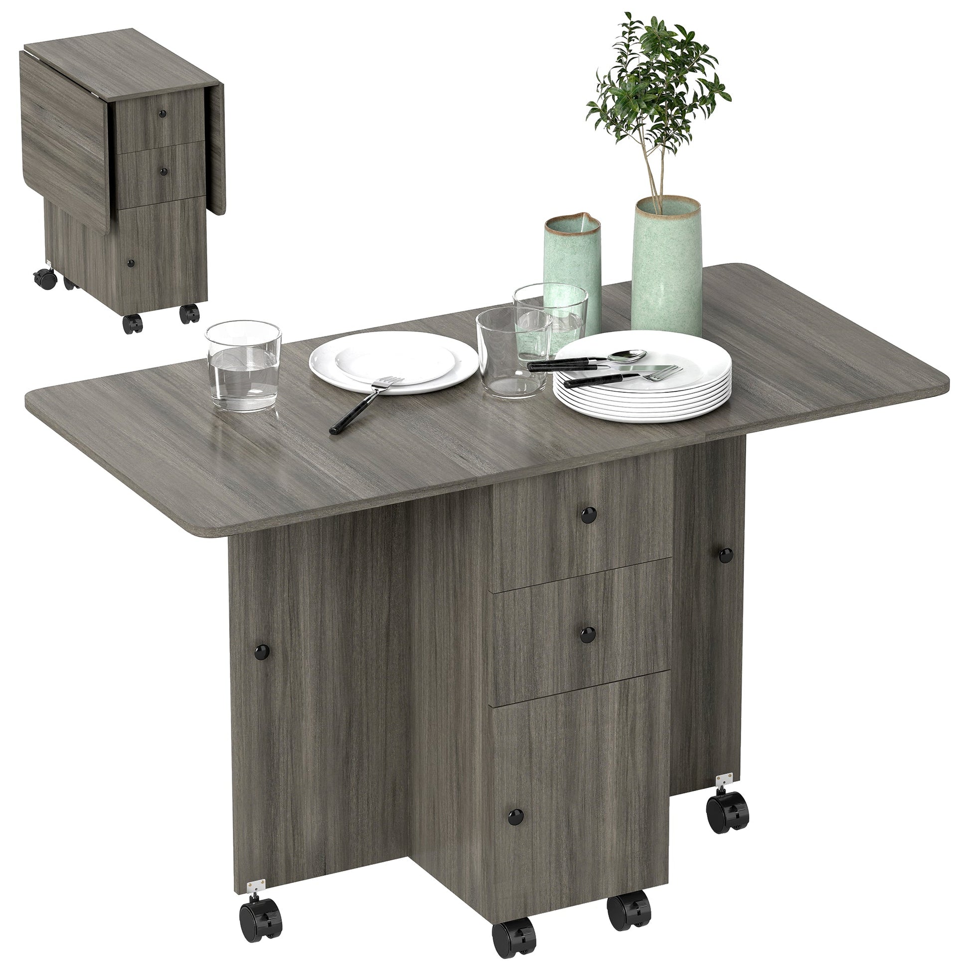 Folding Dining Table on Wheels for 4-6 with Storage Drawers, Cabinet, Grey - HOMCOM