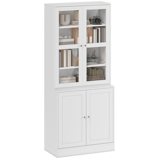 Modern Bookcase with Glass Doors, Display Storage Cabinet w/ Adjustable Shelves, White - HOMCOM