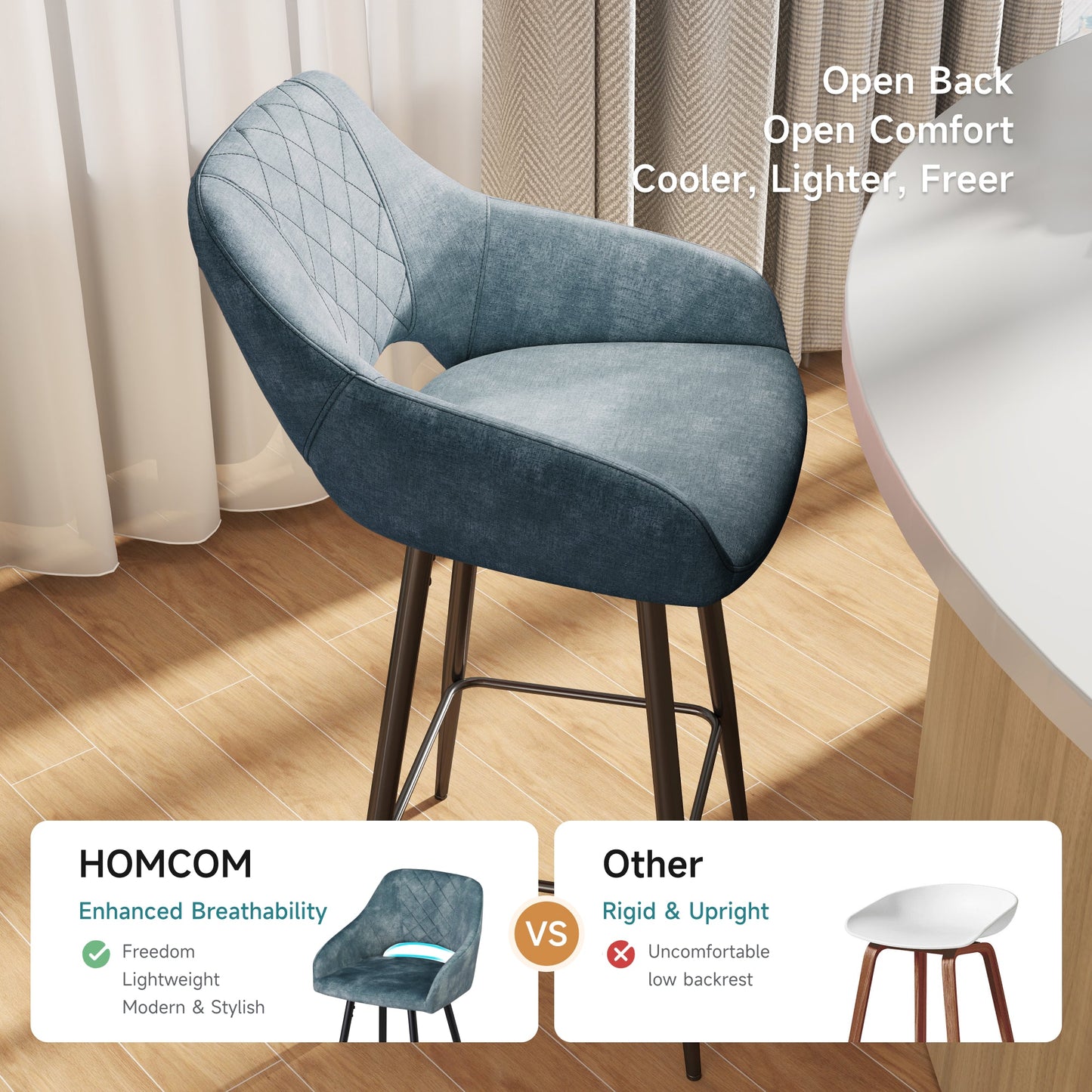Aura Velvet Bar Stools Set of 2, Velvet-feel Fabric Counter Height Chairs with Steel Legs, Blue - HOMCOM