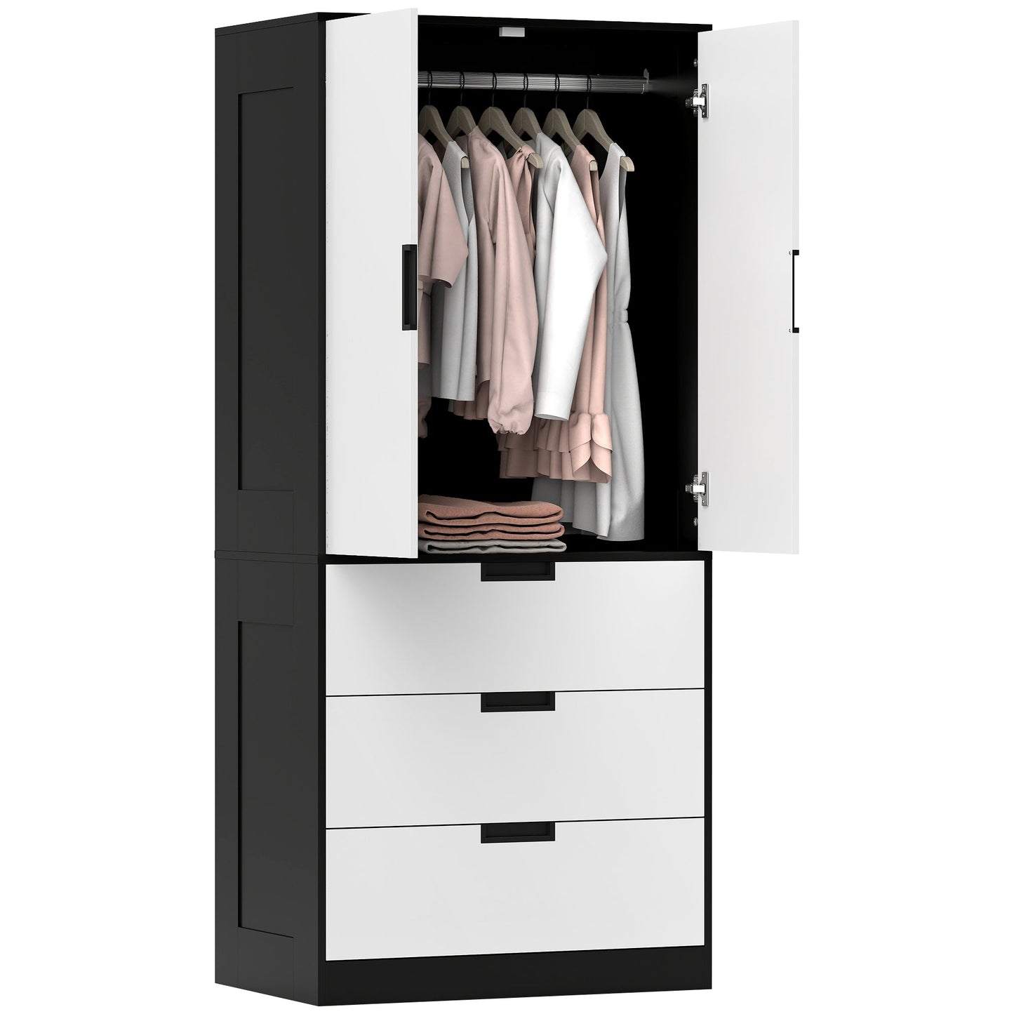 3-Drawer 2-Door Wardrobe with Hanging Rod for Clothes, Black