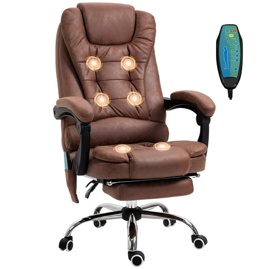 6-Point Massage Office Chair with Heated Back, Reclining and Footrest, Brown