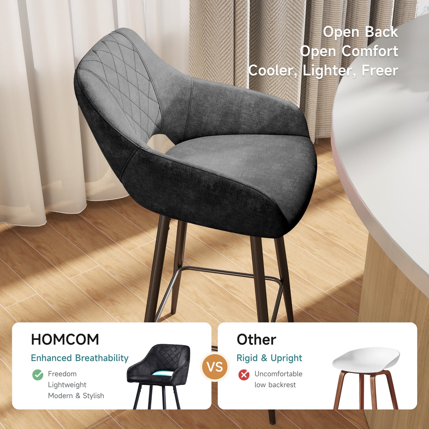 Aura Velvet Bar Stools Set of 2, Velvet-feel Fabric Counter Height Chairs with Steel Legs, Dark Grey - HOMCOM