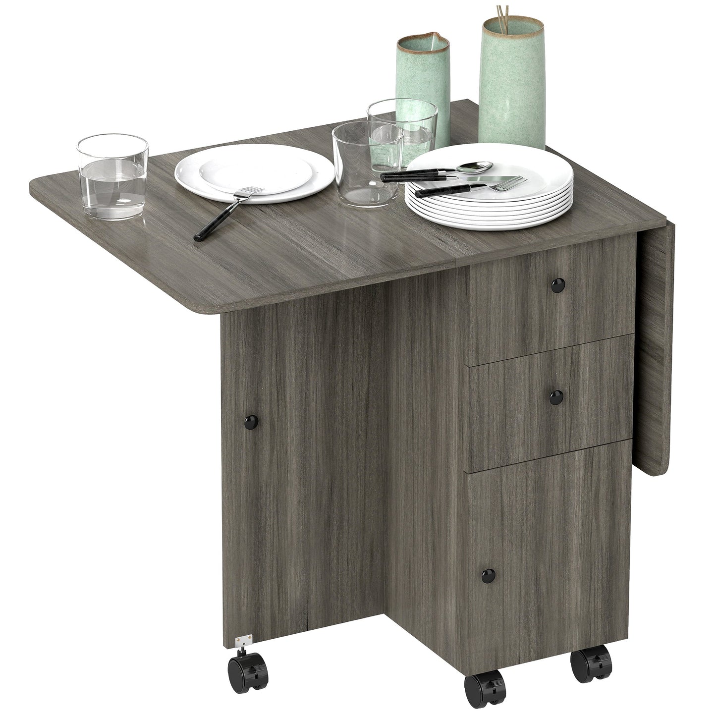 Folding Dining Table on Wheels for 4-6 with Storage Drawers, Cabinet, Grey - HOMCOM