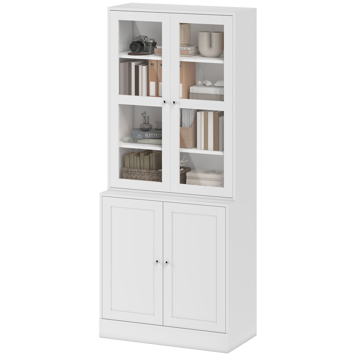Modern Bookcase with Glass Doors, Display Storage Cabinet w/ Adjustable Shelves, White - HOMCOM