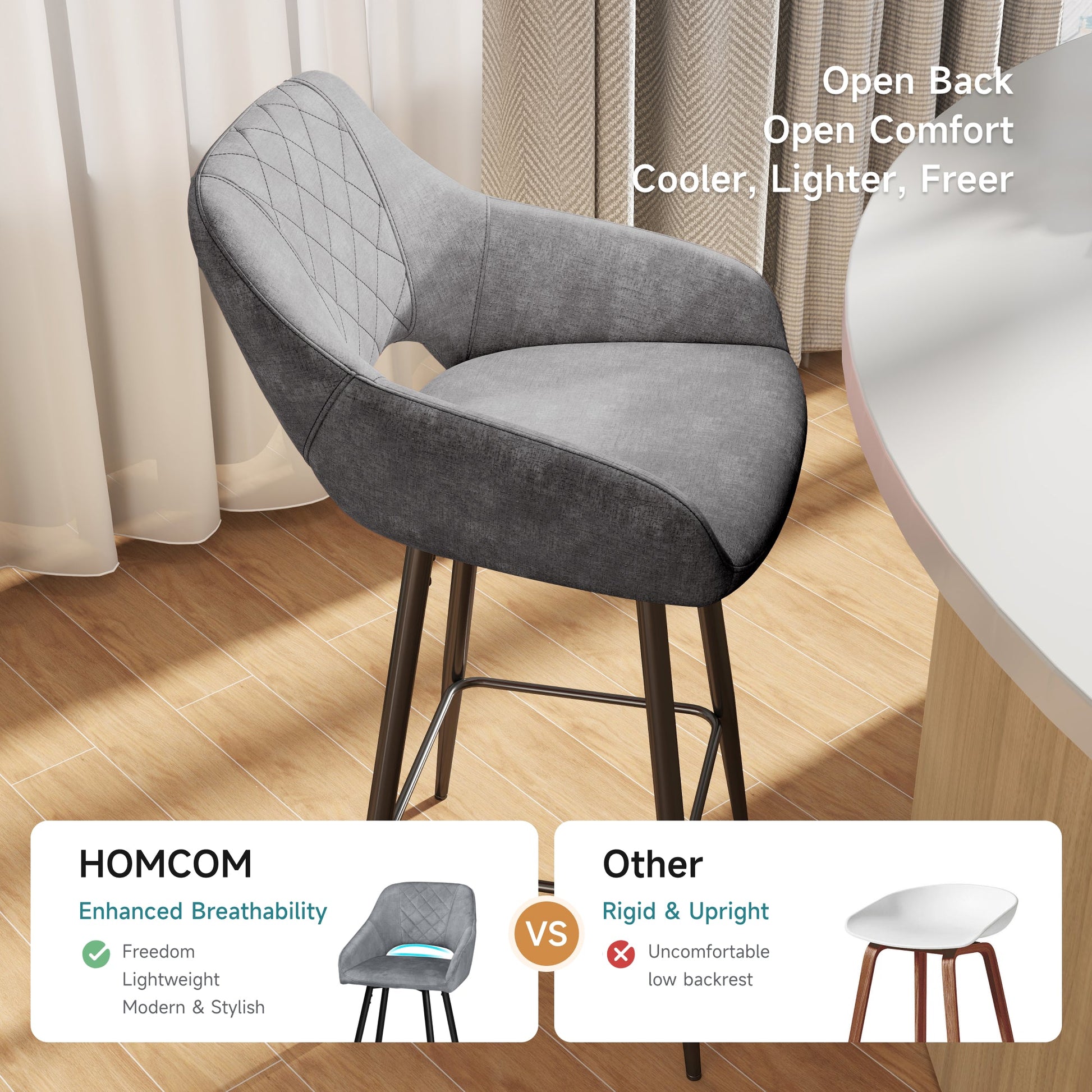 Aura Velvet Bar Stools Set of 2, Velvet-feel Fabric Counter Height Chairs with Steel Legs, Grey - HOMCOM