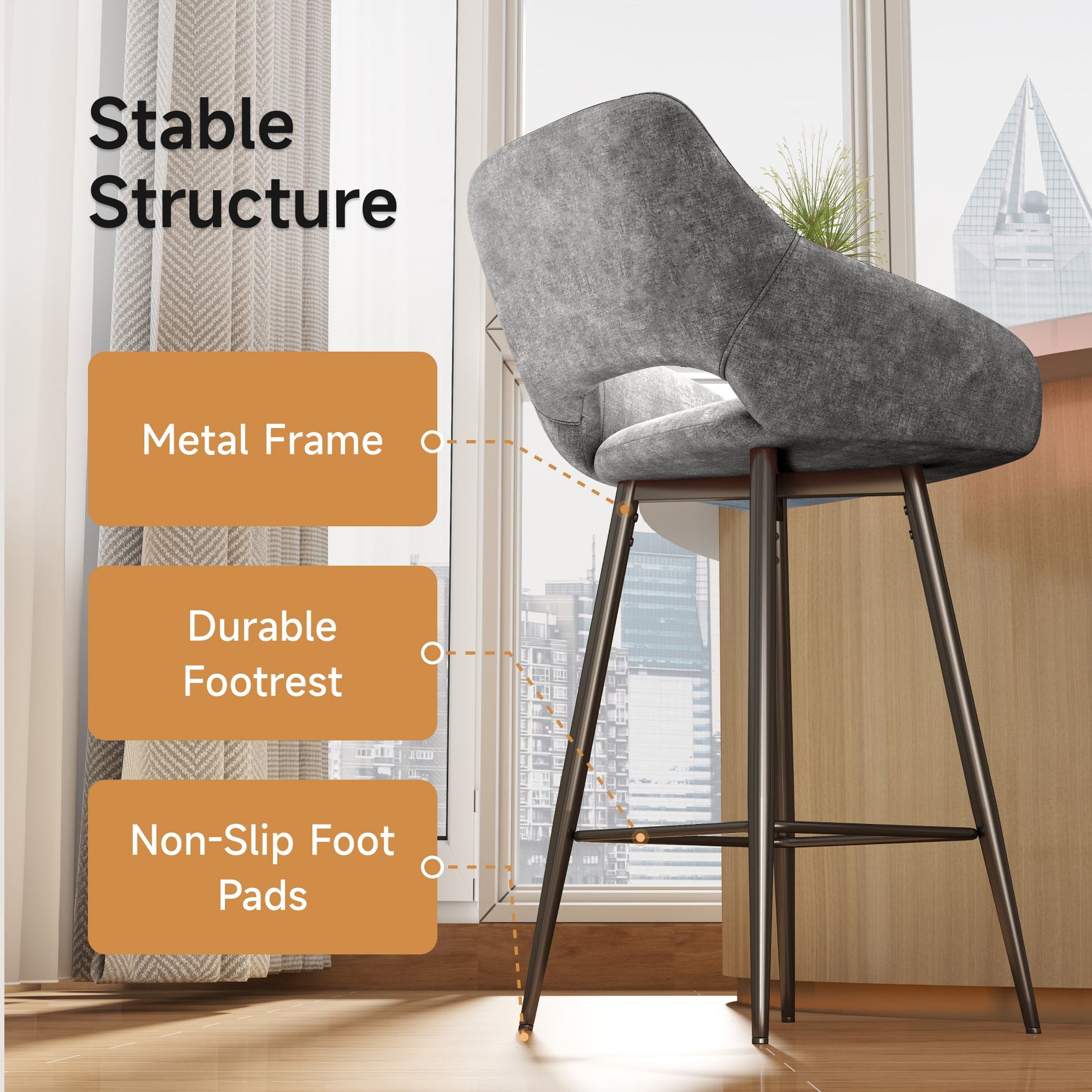 Aura Velvet Bar Stools Set of 2, Velvet-feel Fabric Counter Height Chairs with Steel Legs, Grey - HOMCOM