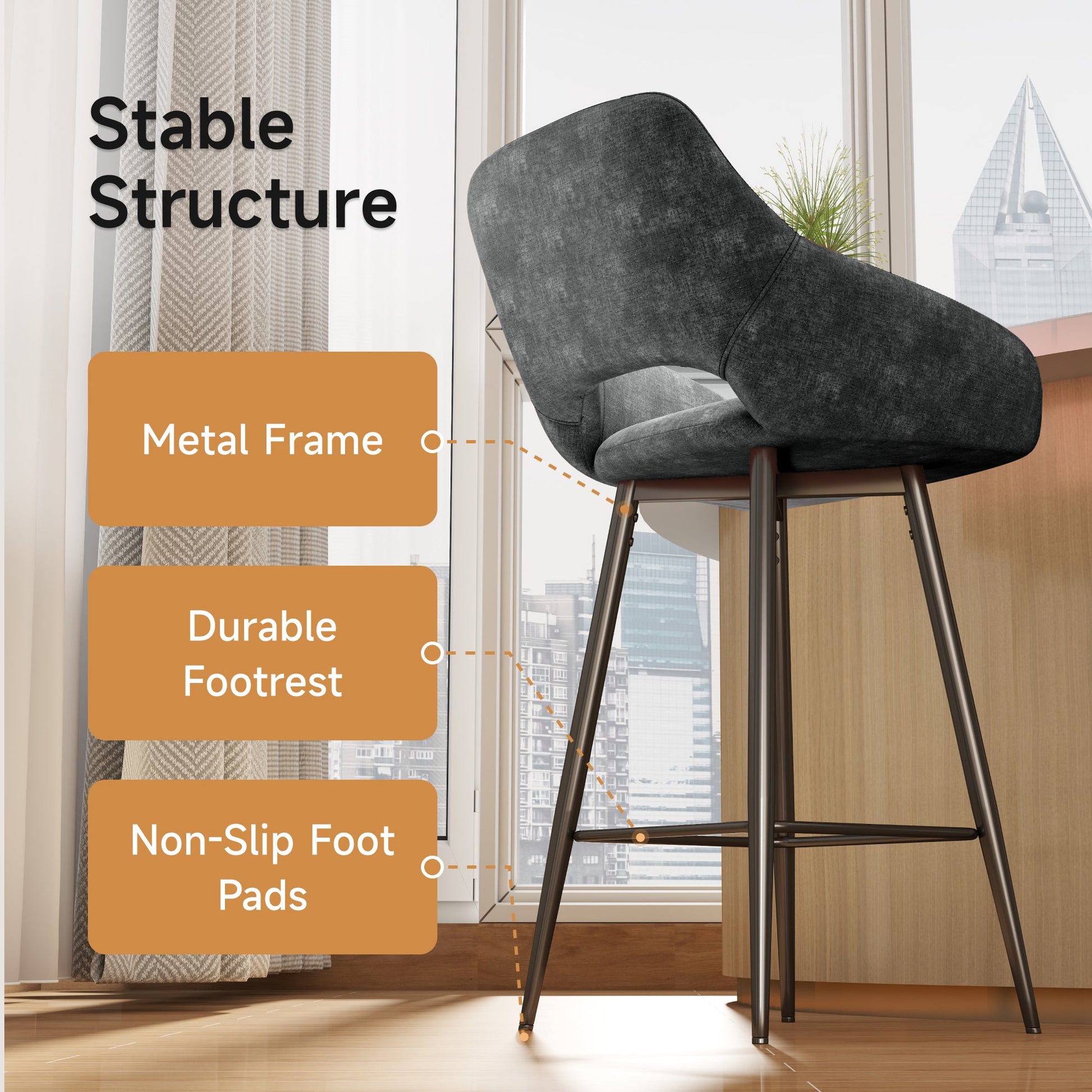 Aura Velvet Bar Stools Set of 2, Velvet-feel Fabric Counter Height Chairs with Steel Legs, Dark Grey - HOMCOM