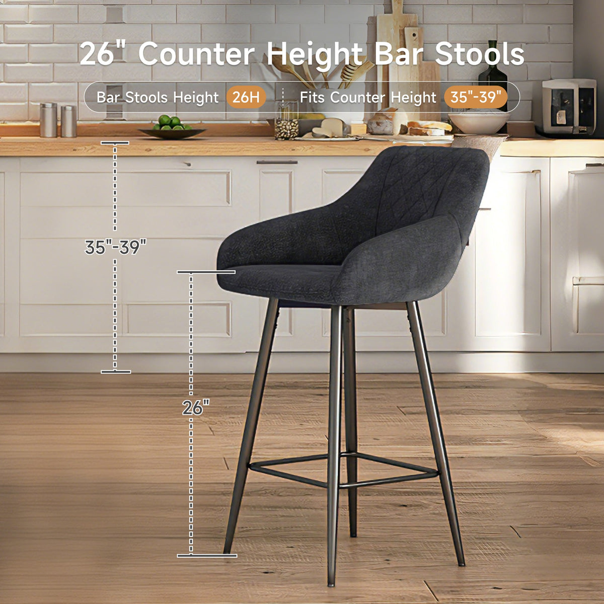 Aura Velvet Bar Stools Set of 2, Velvet-feel Fabric Counter Height Chairs with Steel Legs, Dark Grey - HOMCOM