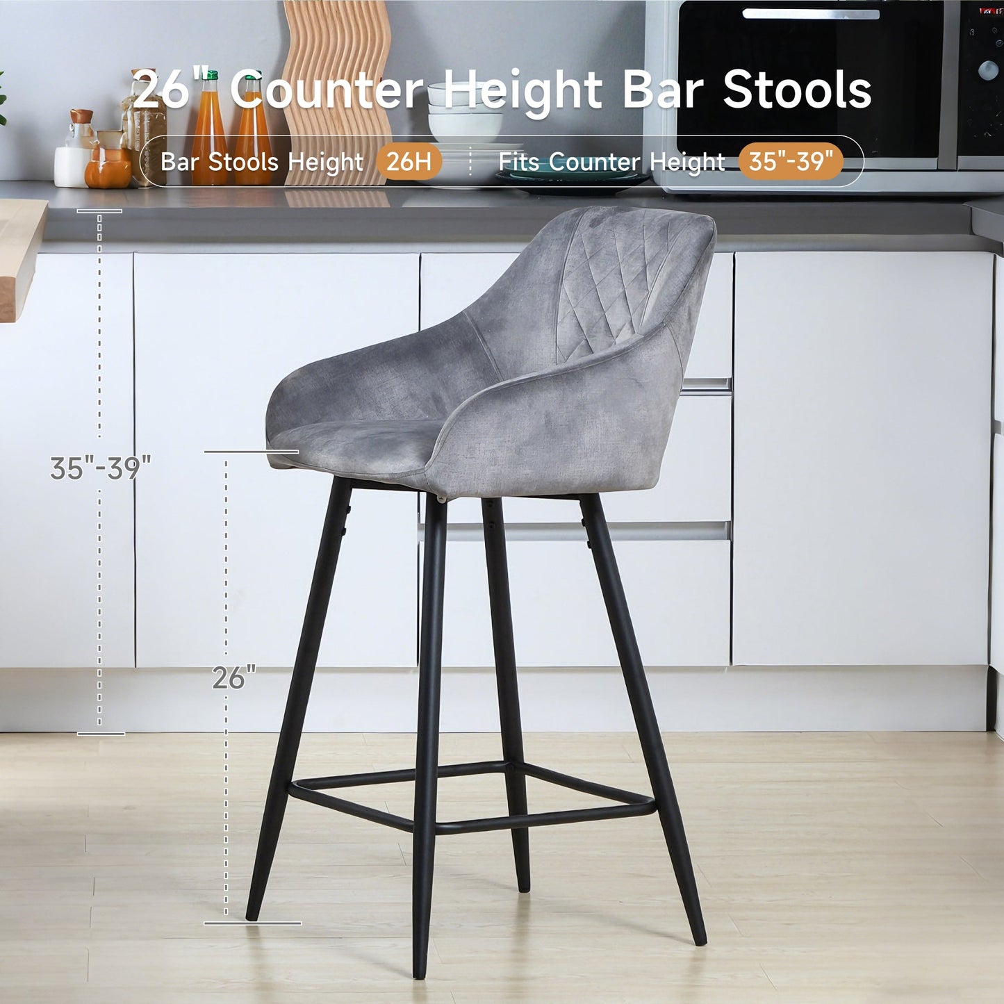 Aura Velvet Bar Stools Set of 2, Velvet-feel Fabric Counter Height Chairs with Steel Legs, Grey - HOMCOM
