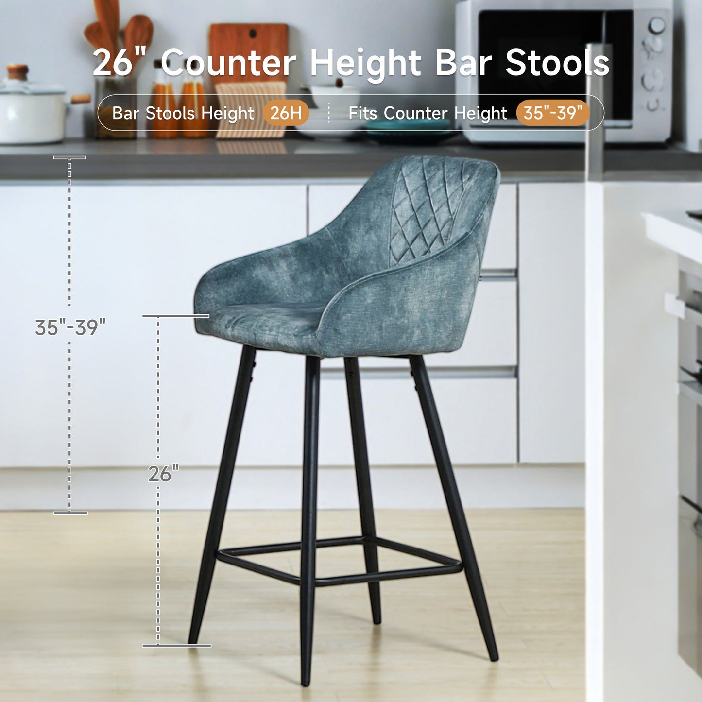 Aura Velvet Bar Stools Set of 2, Velvet-feel Fabric Counter Height Chairs with Steel Legs, Blue - HOMCOM