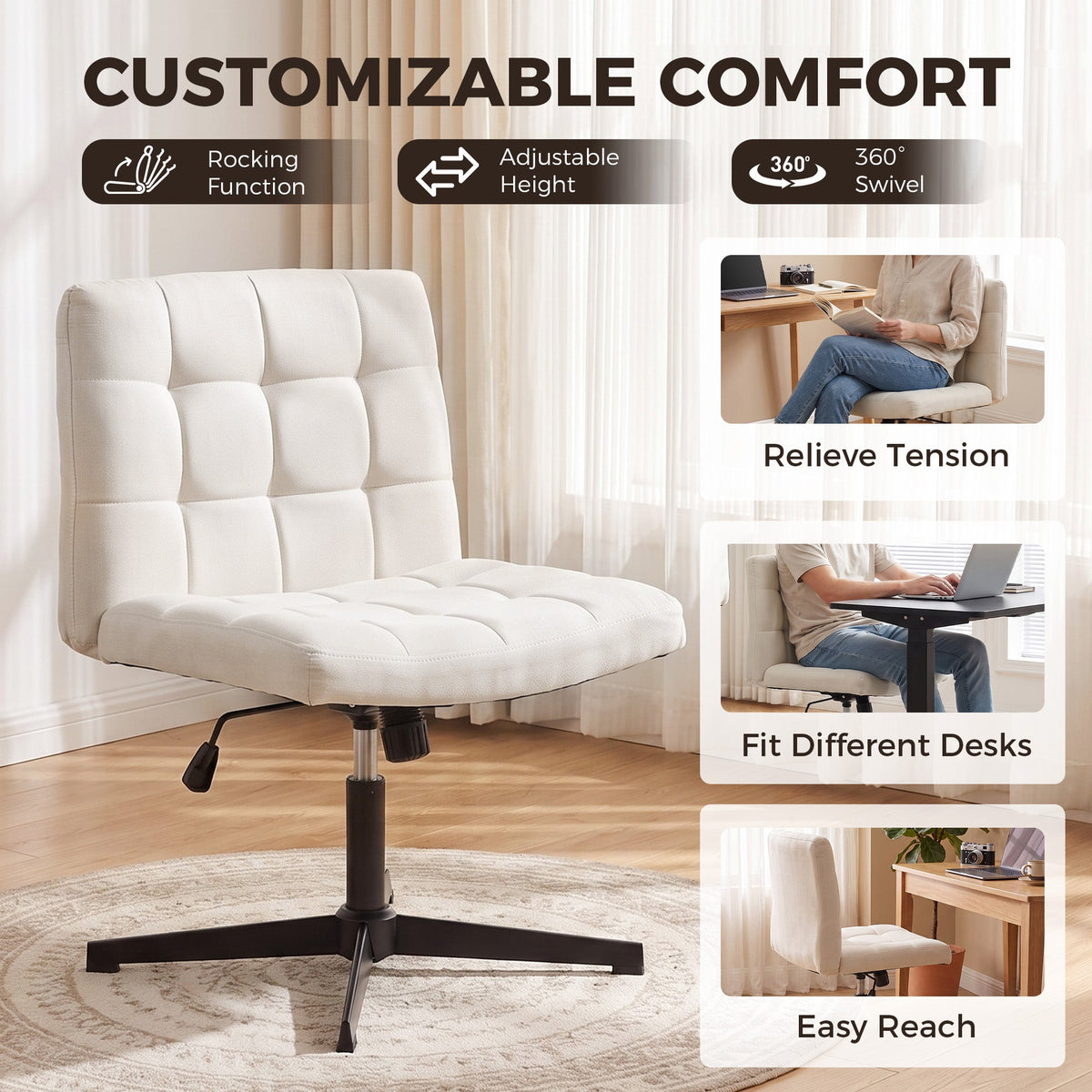 Armless Office Chair, Cross Legged Linen Computer Desk Vanity Chair with Wide Seat, Rocking Function, Swivel, Adjustable Height for Home Office, Study, Bedroom, Makeup, Beige