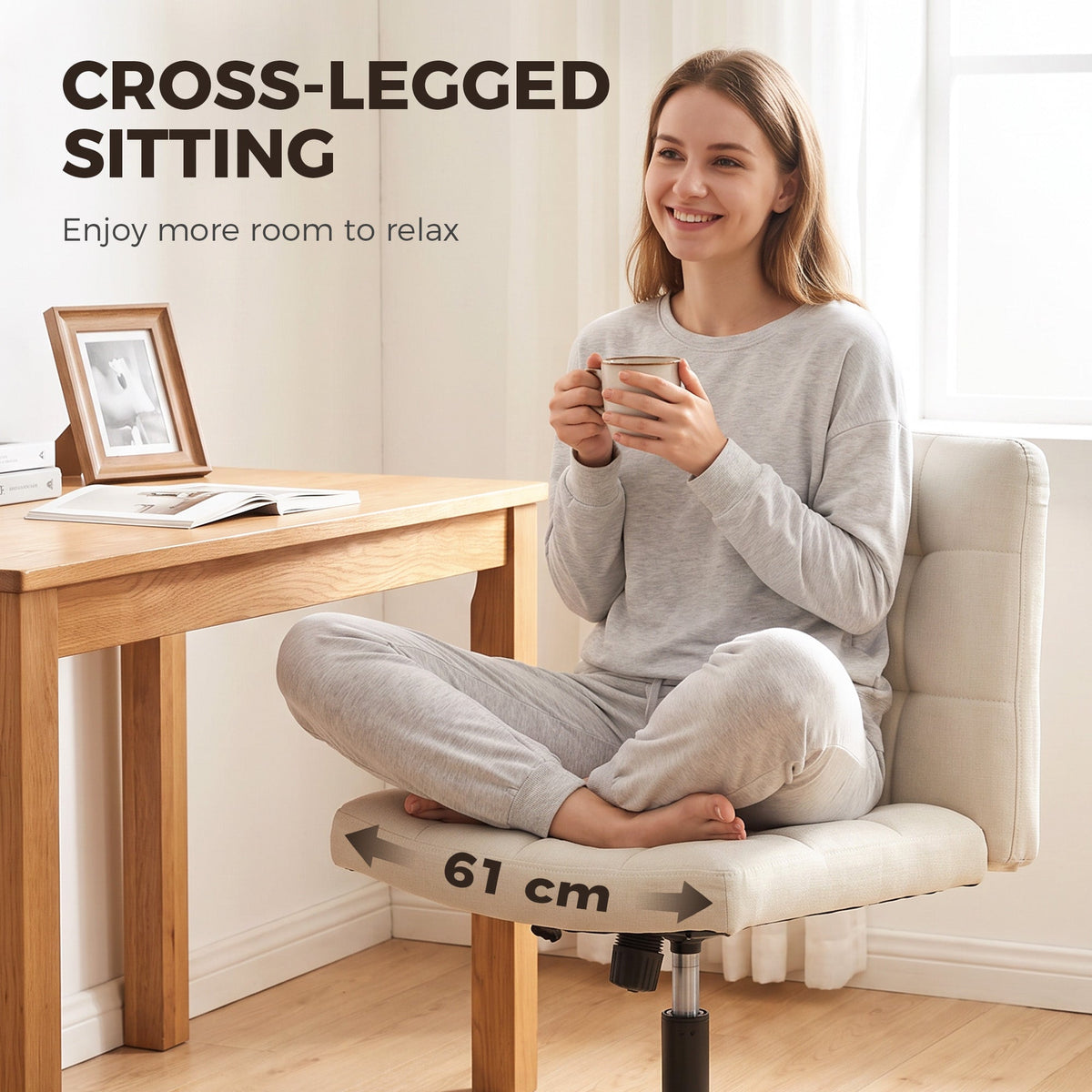 Armless Office Chair, Cross Legged Linen Computer Desk Vanity Chair with Wide Seat, Rocking Function, Swivel, Adjustable Height for Home Office, Study, Bedroom, Makeup, Beige