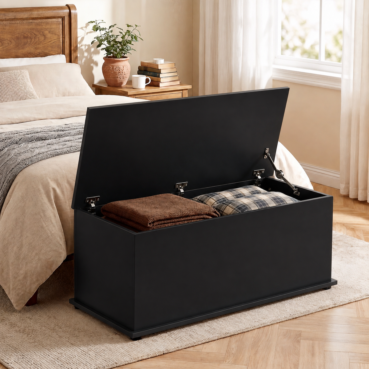 113L Storage Chest with Flip-Top Lid and 2 Safety Hinges for Living Room, Entryway, Black