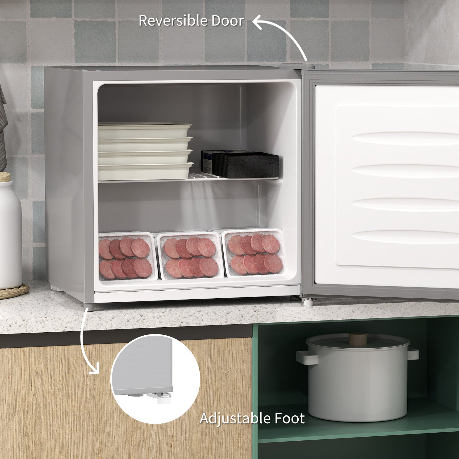 HOMCOM Tabletop Mini Freezer with 35 Litre Capacity, Small Freezer with Reversible Door, Adjustable Temperature and Removable Wire Shelf for Bedrooms, Home Office, Grey