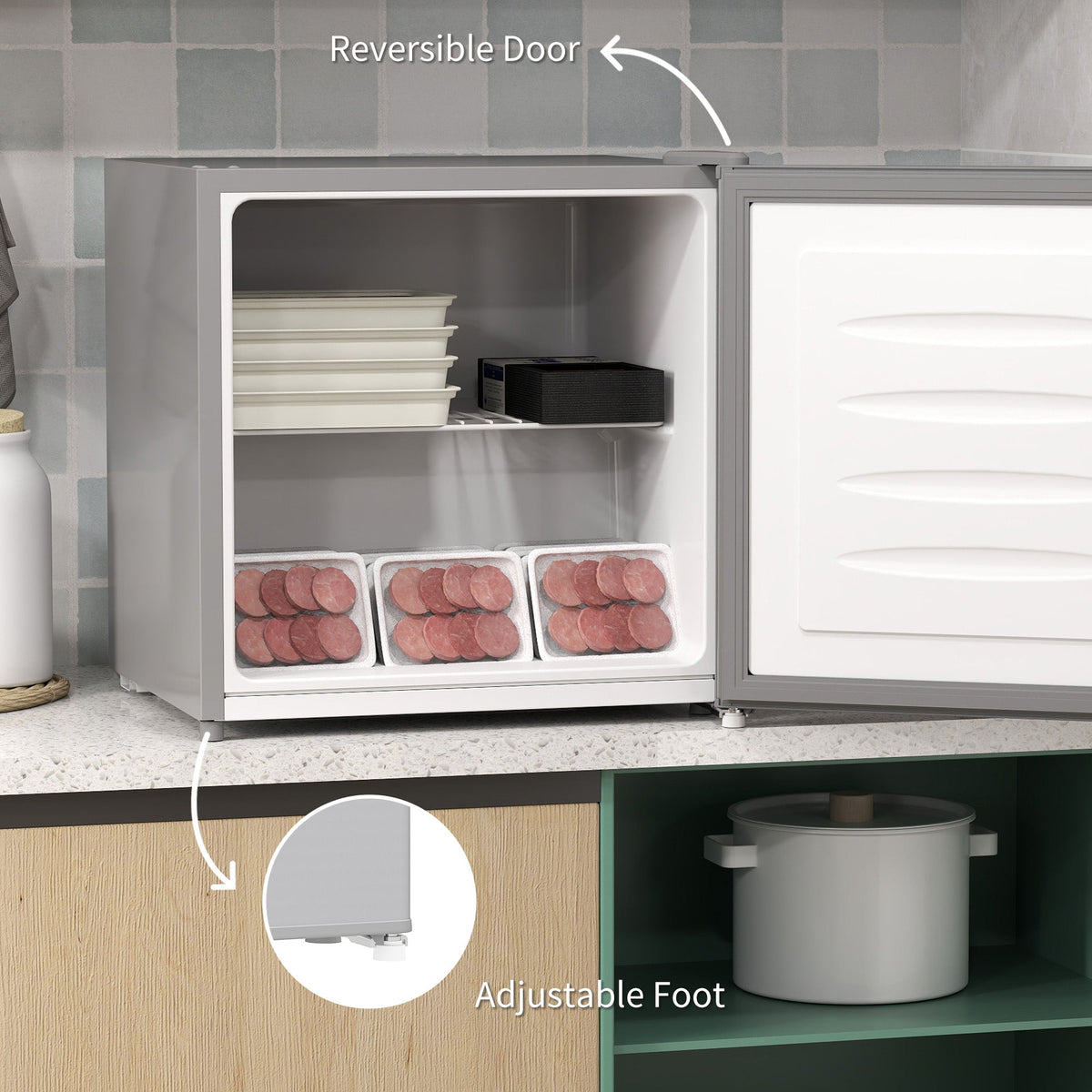 HOMCOM Tabletop Mini Freezer with 35 Litre Capacity, Small Freezer with Reversible Door, Adjustable Temperature and Removable Wire Shelf for Bedrooms, Home Office, Grey