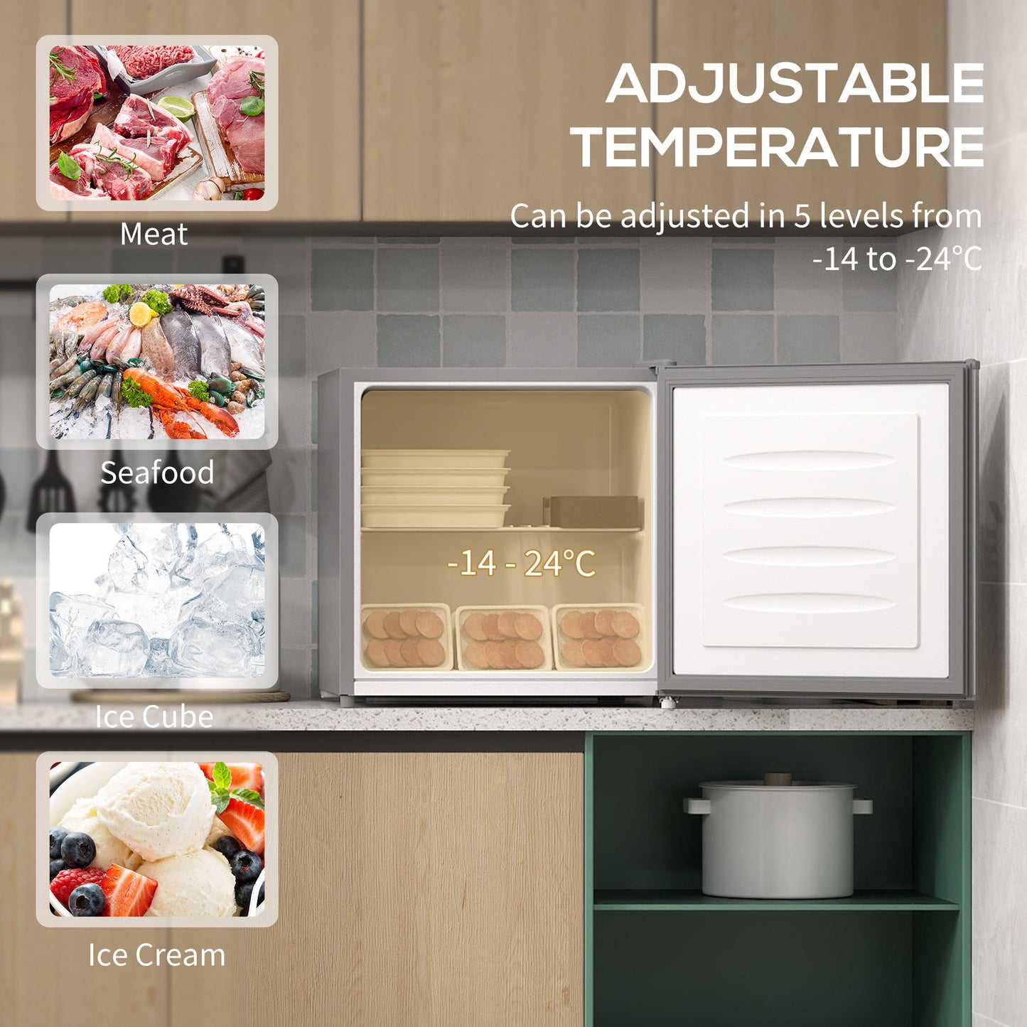 HOMCOM Tabletop Mini Freezer with 35 Litre Capacity, Small Freezer with Reversible Door, Adjustable Temperature and Removable Wire Shelf for Bedrooms, Home Office, Grey