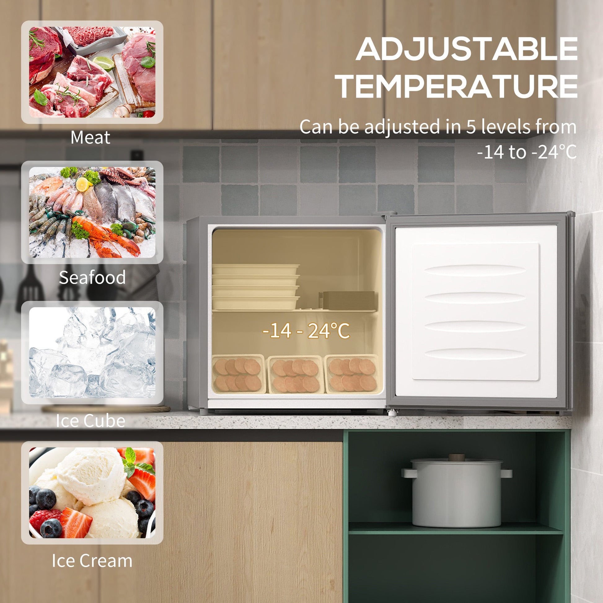 HOMCOM Tabletop Mini Freezer with 35 Litre Capacity, Small Freezer with Reversible Door, Adjustable Temperature and Removable Wire Shelf for Bedrooms, Home Office, Grey