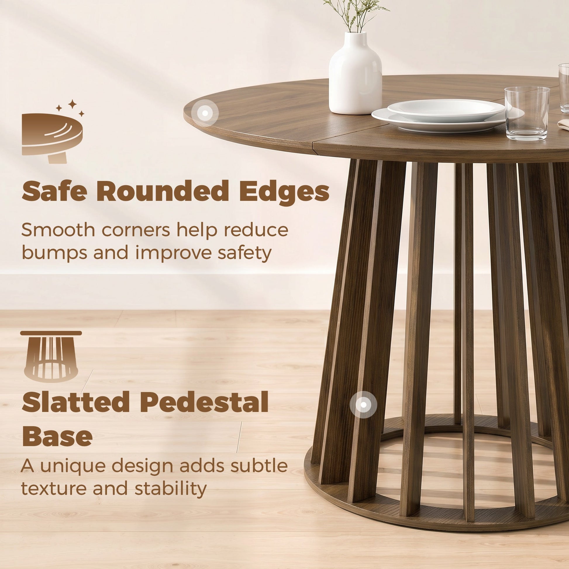 120 cm Round Dining Table for 4-6 People, Modern Kitchen Table with Slatted and Heavy Duty Pedestal Base for Dining Room, Kitchen, Living Room, Light Walnut