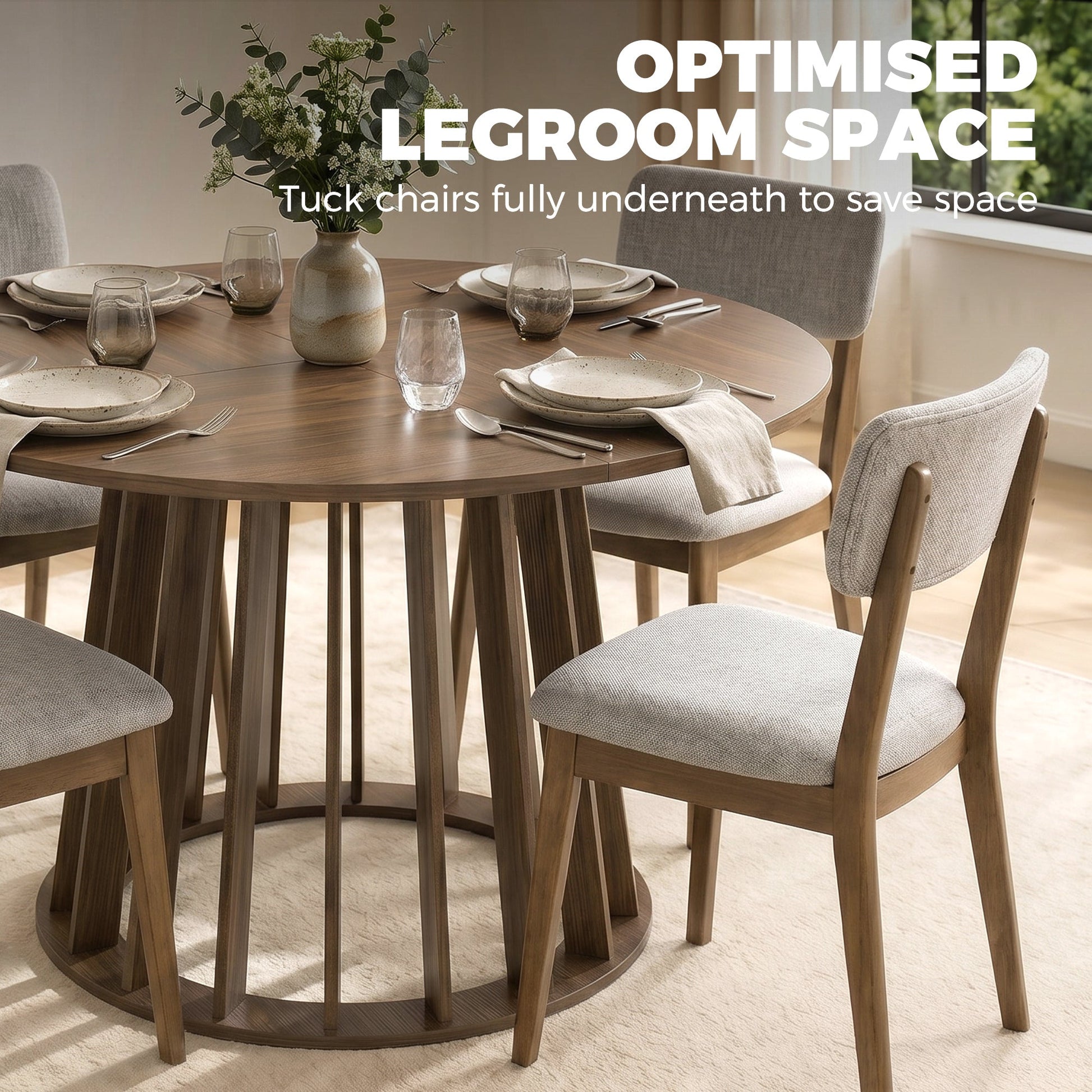 120 cm Round Dining Table for 4-6 People, Modern Kitchen Table with Slatted and Heavy Duty Pedestal Base for Dining Room, Kitchen, Living Room, Light Walnut