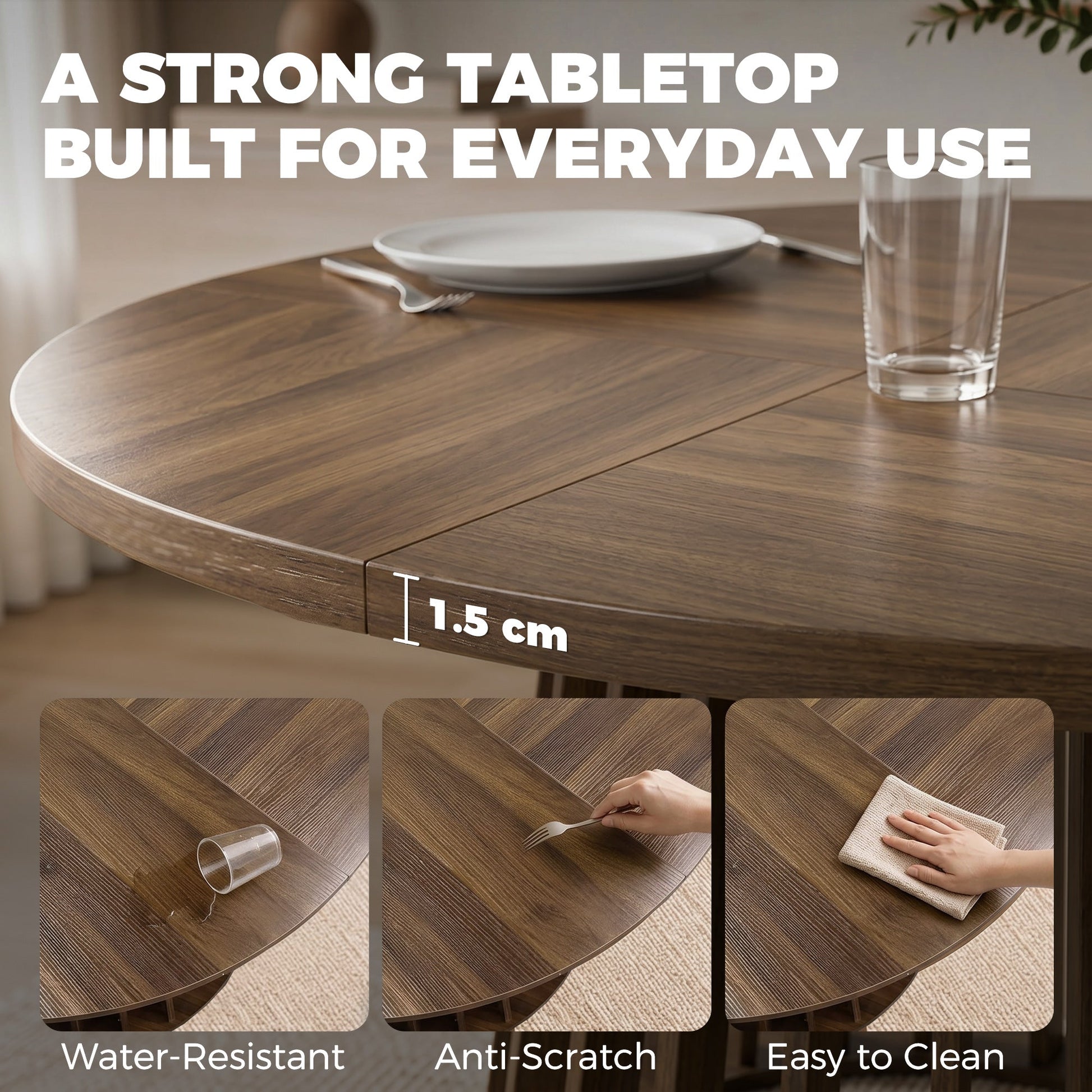 120 cm Round Dining Table for 4-6 People, Modern Kitchen Table with Slatted and Heavy Duty Pedestal Base for Dining Room, Kitchen, Living Room, Light Walnut