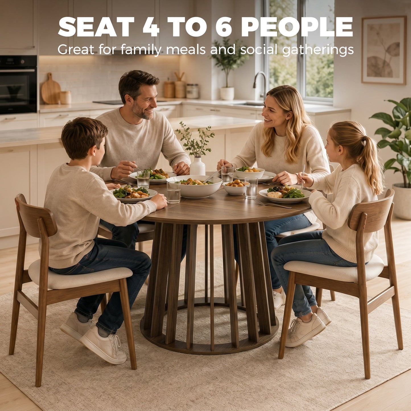 120 cm Round Dining Table for 4-6 People, Modern Kitchen Table with Slatted and Heavy Duty Pedestal Base for Dining Room, Kitchen, Living Room, Light Walnut