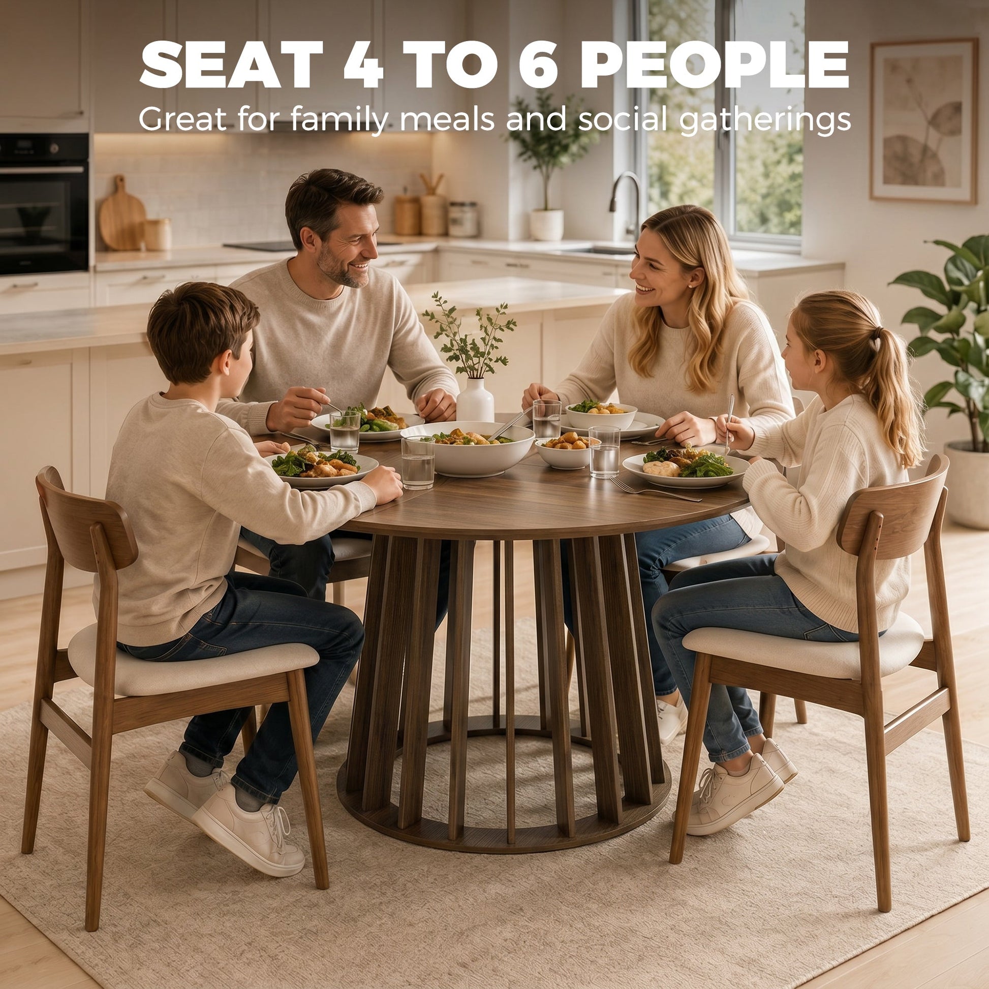 120 cm Round Dining Table for 4-6 People, Modern Kitchen Table with Slatted and Heavy Duty Pedestal Base for Dining Room, Kitchen, Living Room, Light Walnut