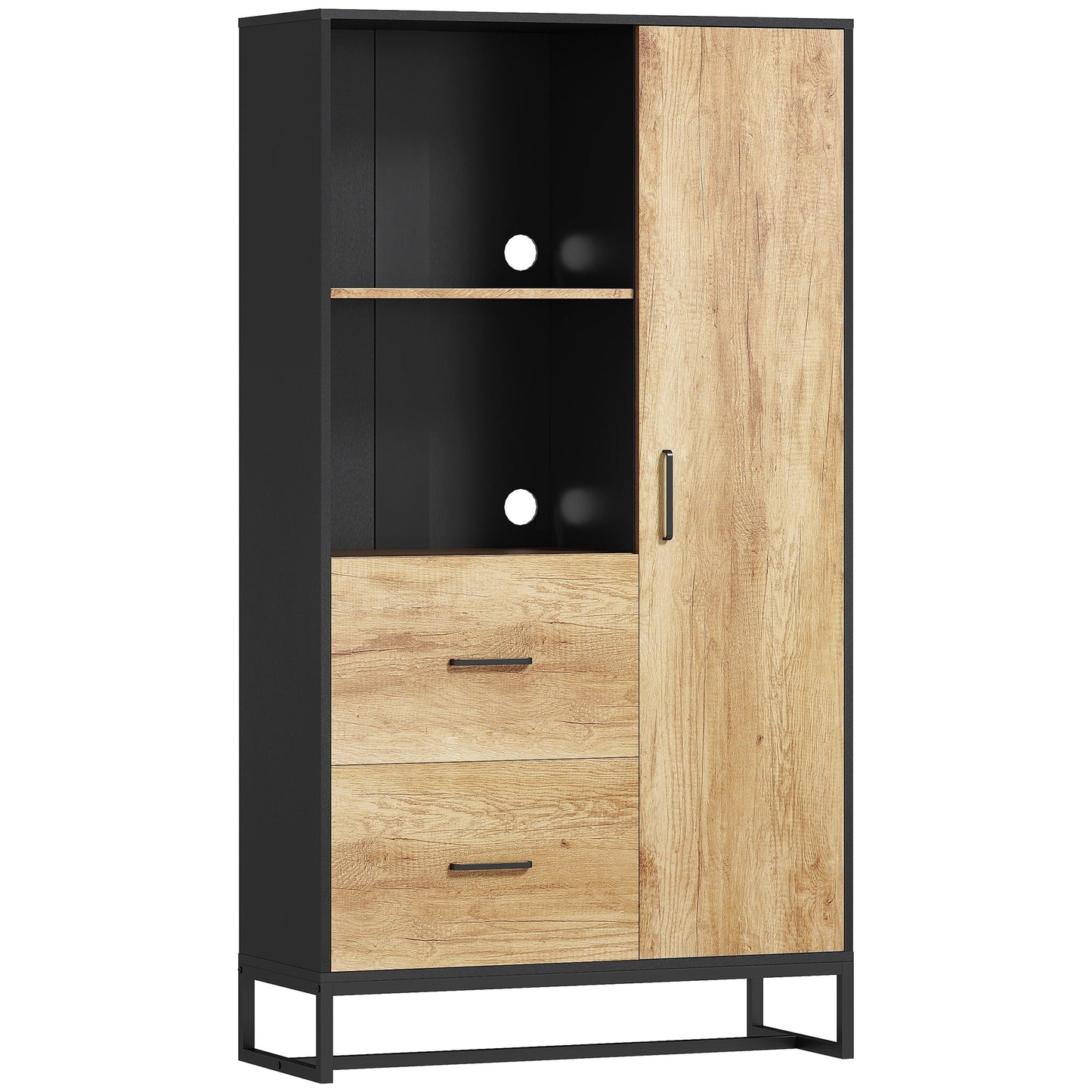 160cm Tall Kitchen Cupboard, Kitchen Pantry Sideboard with 2 Open Shelves, 2 Drawers, Adjustable Shelves and Soft Close Door, Storage Cabinet for Living Room, Dinning Room, Natural Wood Finish