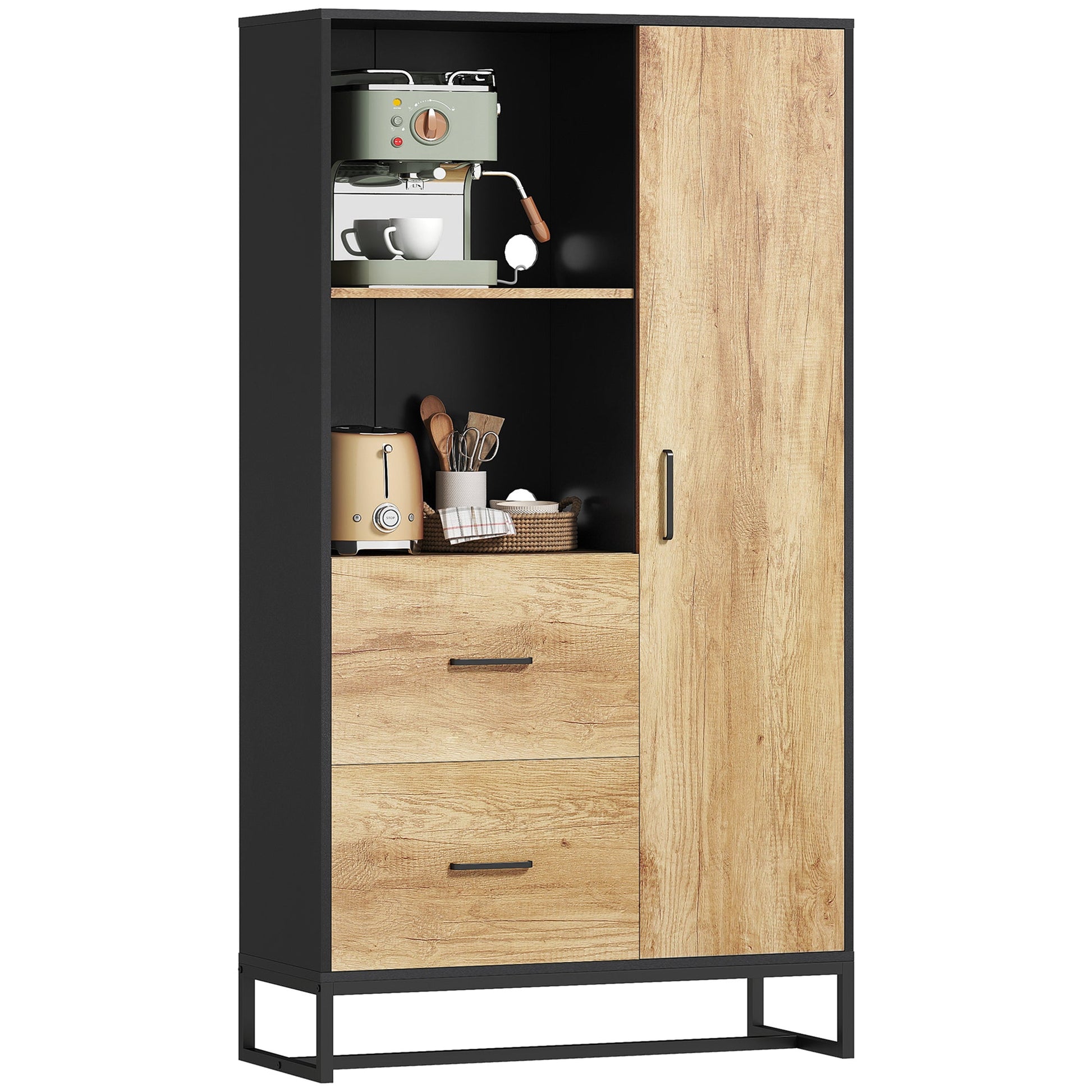 160cm Tall Kitchen Cupboard, Kitchen Pantry Sideboard with 2 Open Shelves, 2 Drawers, Adjustable Shelves and Soft Close Door, Storage Cabinet for Living Room, Dinning Room, Natural Wood Finish