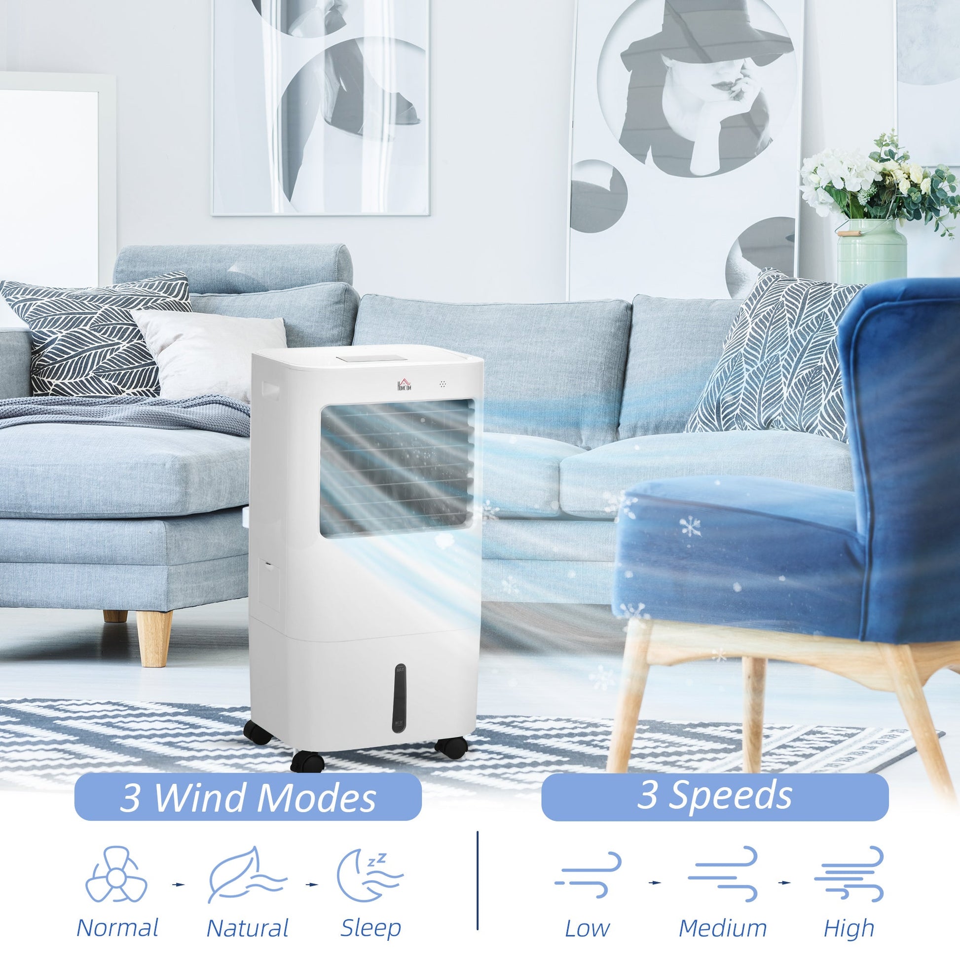 HOMCOM 3-in-1 Evaporative Mobile Air Cooler Cooling Fan Humidifier for Home Office