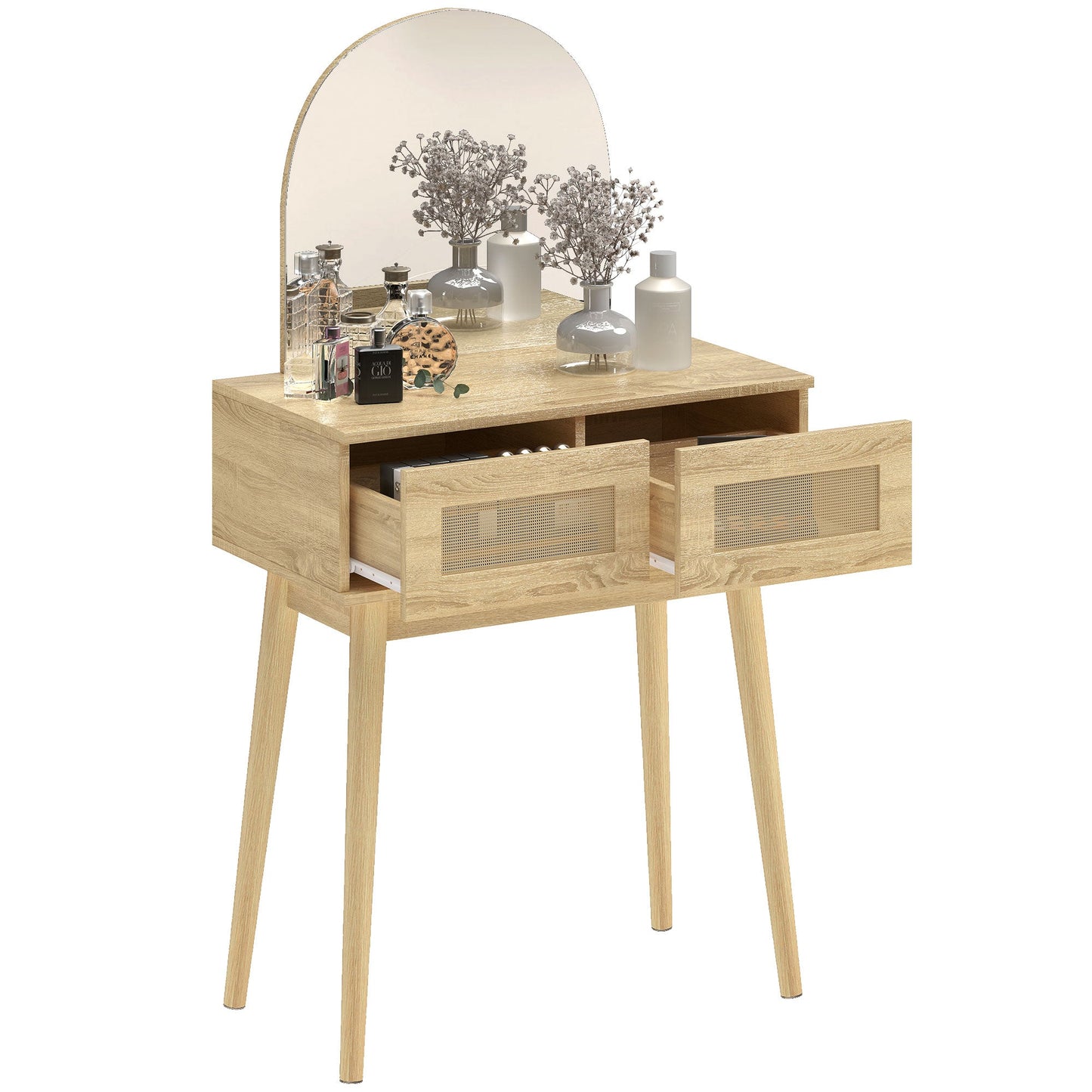 Dressing Table with Arched Mirror, Modern Compact Vanity Desk with 2 Drawers, Makeup Desk for Bedroom, Small Spaces, Women and Girls, Natural Wood Finish