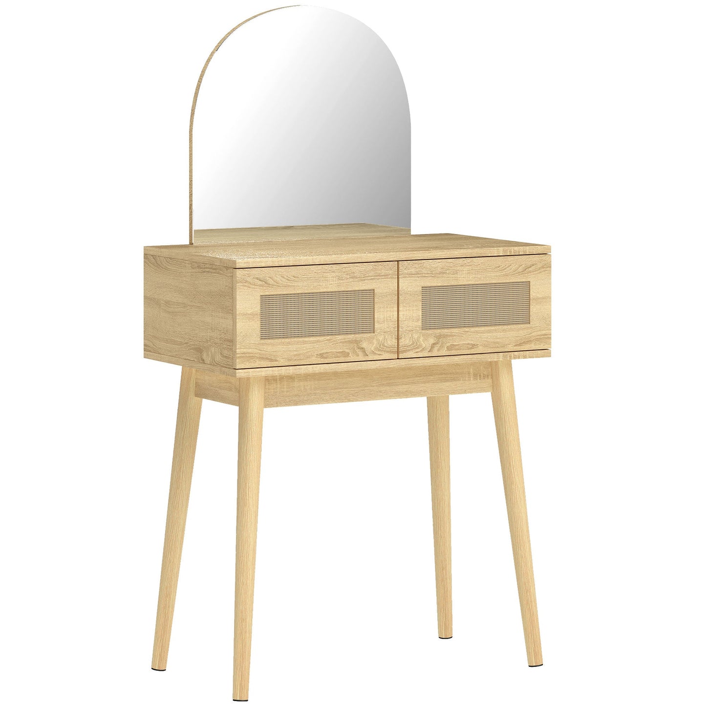 Dressing Table with Arched Mirror, Modern Compact Vanity Desk with 2 Drawers, Makeup Desk for Bedroom, Small Spaces, Women and Girls, Natural Wood Finish