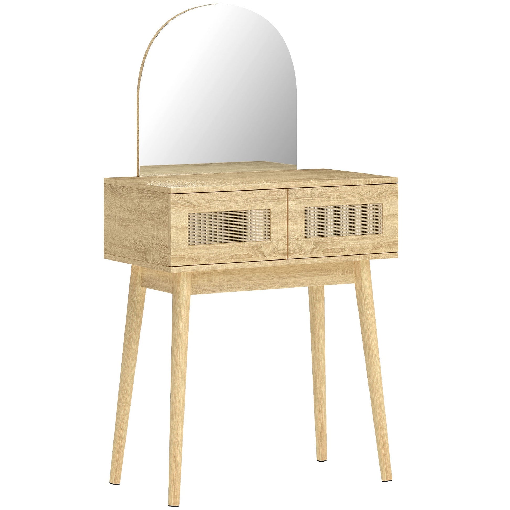 Dressing Table with Arched Mirror, Modern Compact Vanity Desk with 2 Drawers, Makeup Desk for Bedroom, Small Spaces, Women and Girls, Natural Wood Finish