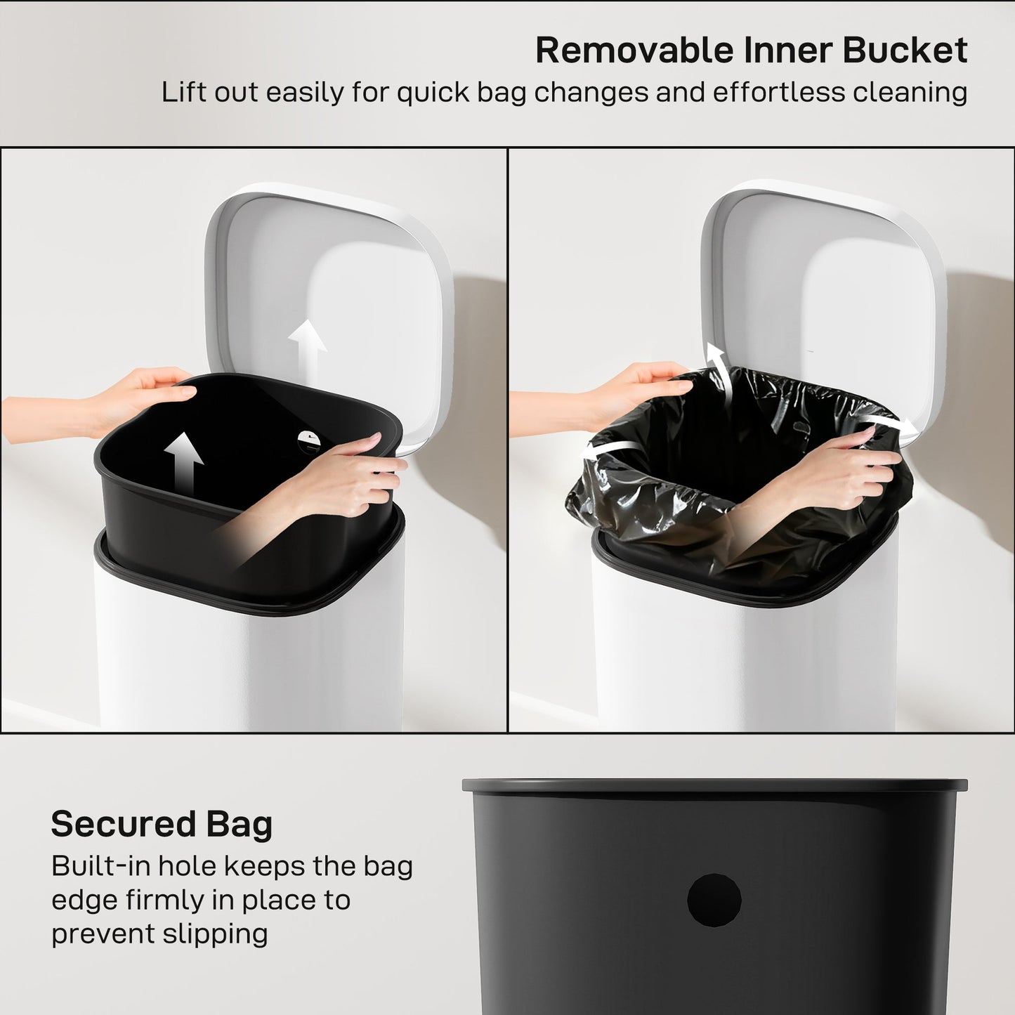 30L Kitchen Bin with Lid, Compact Pedal Bin with Soft-Close and Stay-Open Lid, Removable Inner Bucket, Fingerprint-Resistant for Kitchen, Home, Office, Bedroom, White