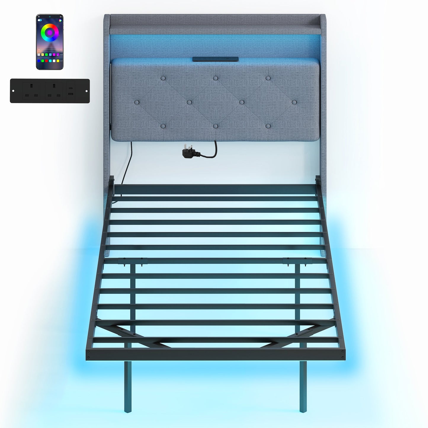 3ft Single Size Bed Frame, Floating Bed Frame with Music Sync RGB LED Lights and Charging Station, Upholstered Headboard with Storage Shelves, No Box Spring Needed, Noise Free, Grey