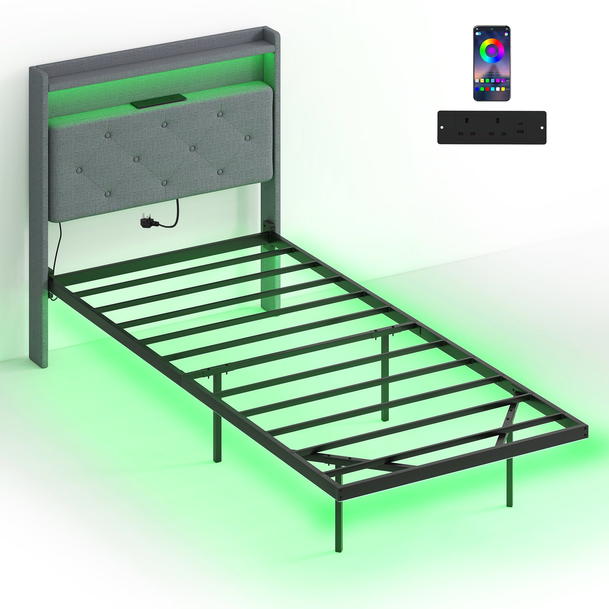 3ft Single Size Bed Frame, Floating Bed Frame with Music Sync RGB LED Lights and Charging Station, Upholstered Headboard with Storage Shelves, No Box Spring Needed, Noise Free, Grey