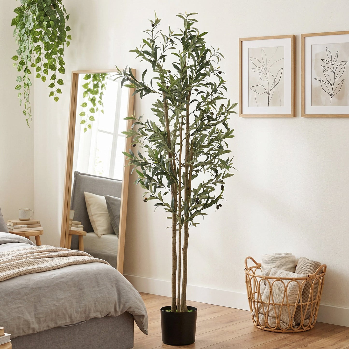 175 cm Artificial Olive Tree, Tall Faux Plant with 787 Leaves & Adjustable Branches, Artificial Plant for Living Room Home Office Floor Indoors Outdoors