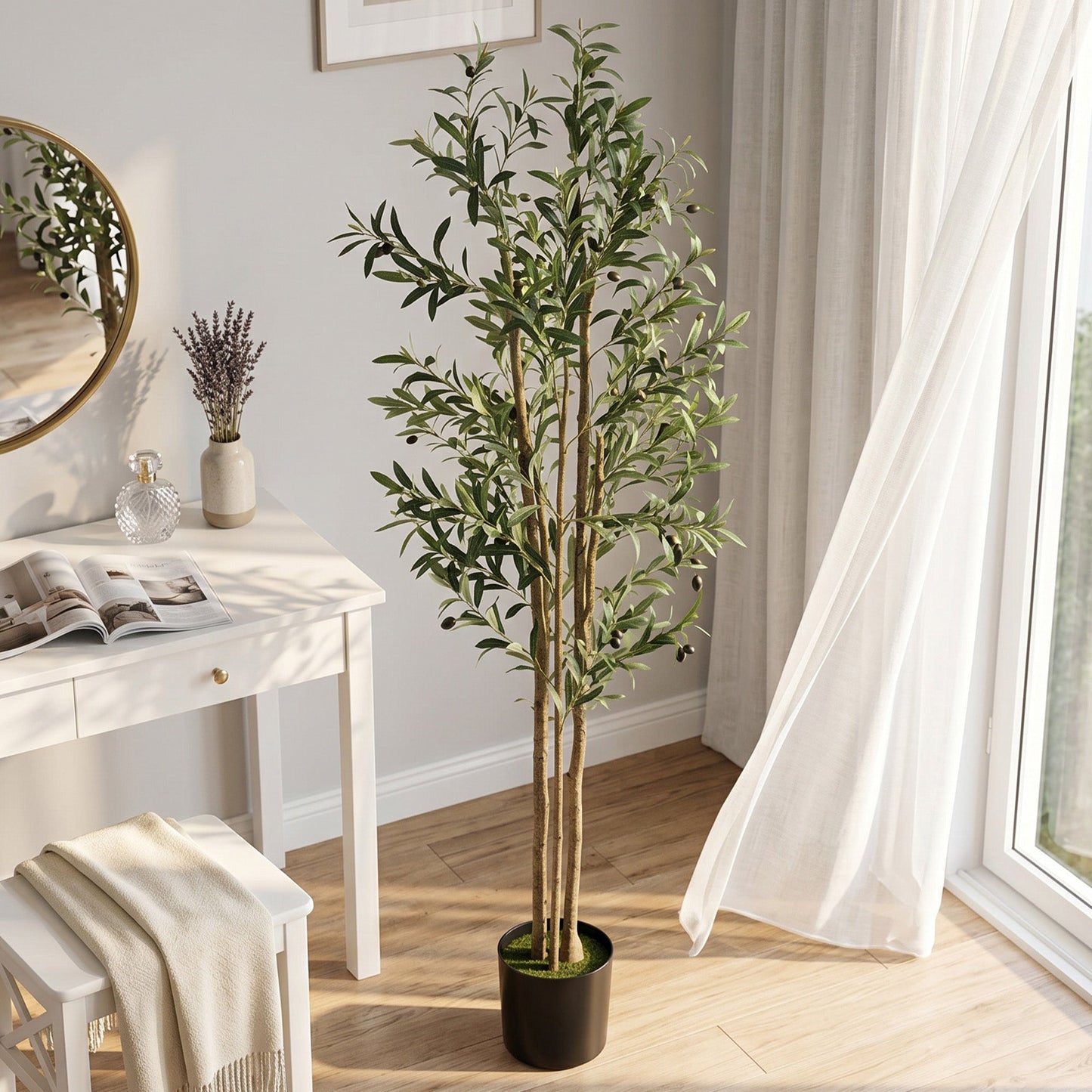 175 cm Artificial Olive Tree, Tall Faux Plant with 787 Leaves & Adjustable Branches, Artificial Plant for Living Room Home Office Floor Indoors Outdoors
