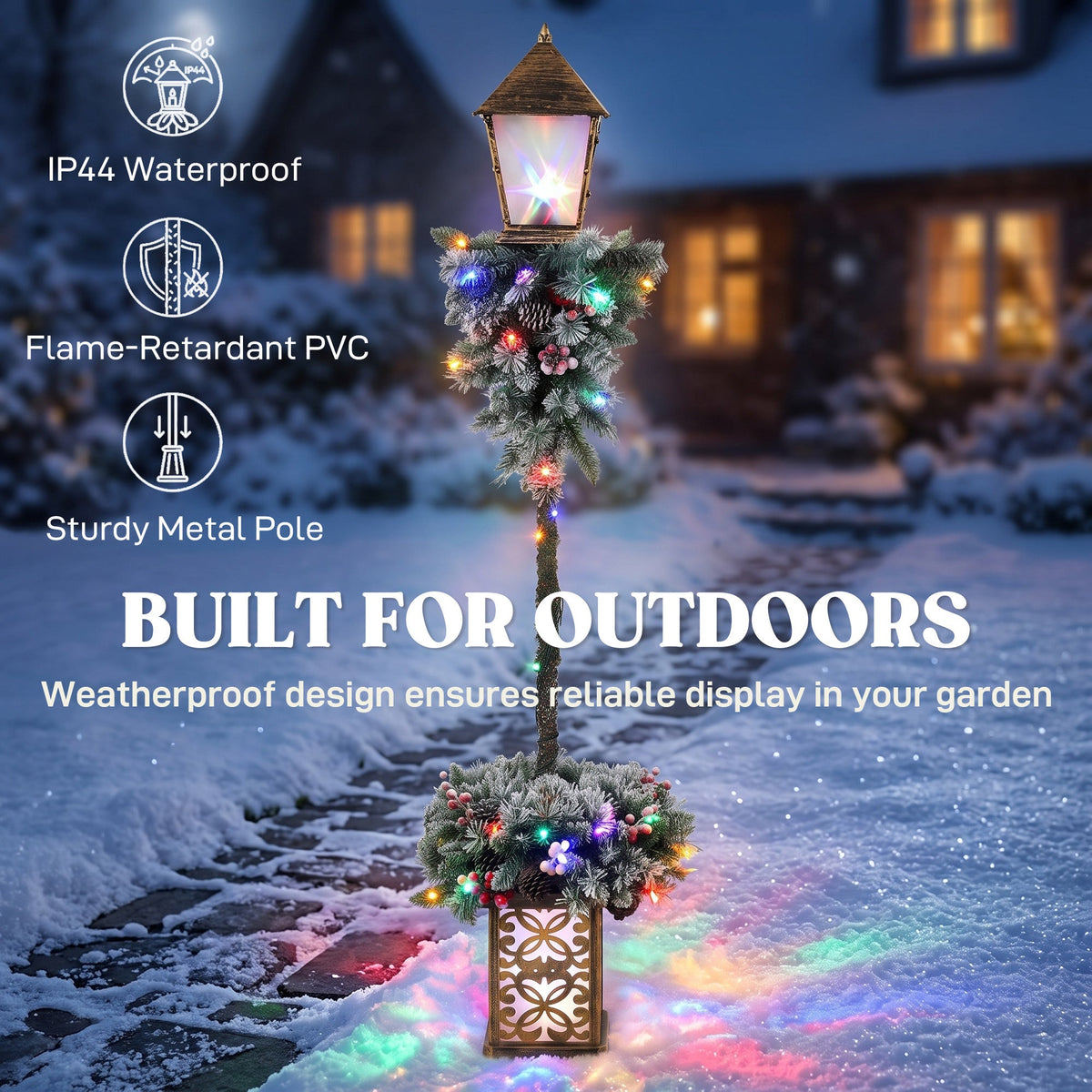 Christmas Street Lamp, Lighted Christmas Lamp Post with 50 LED Lights, 215 Snow Flocked Tips, Red Berries, Pine Cones, IP44 Waterproof, Outdoor Tree Lamp for Home, Doorway and Porch