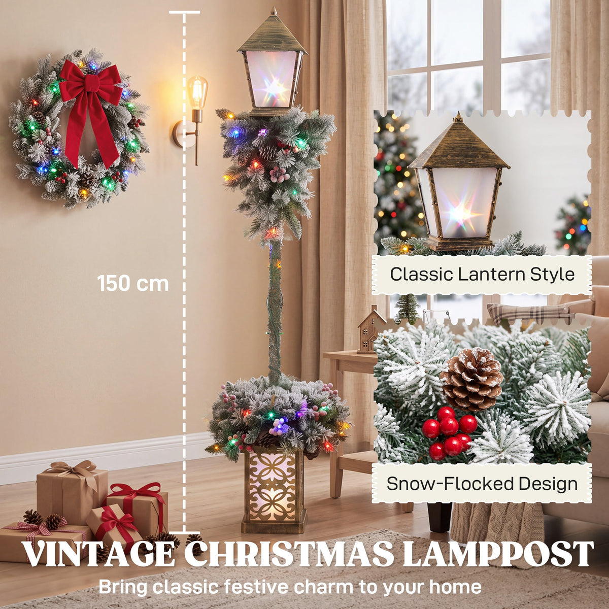 Christmas Street Lamp, Lighted Christmas Lamp Post with 50 LED Lights, 215 Snow Flocked Tips, Red Berries, Pine Cones, IP44 Waterproof, Outdoor Tree Lamp for Home, Doorway and Porch