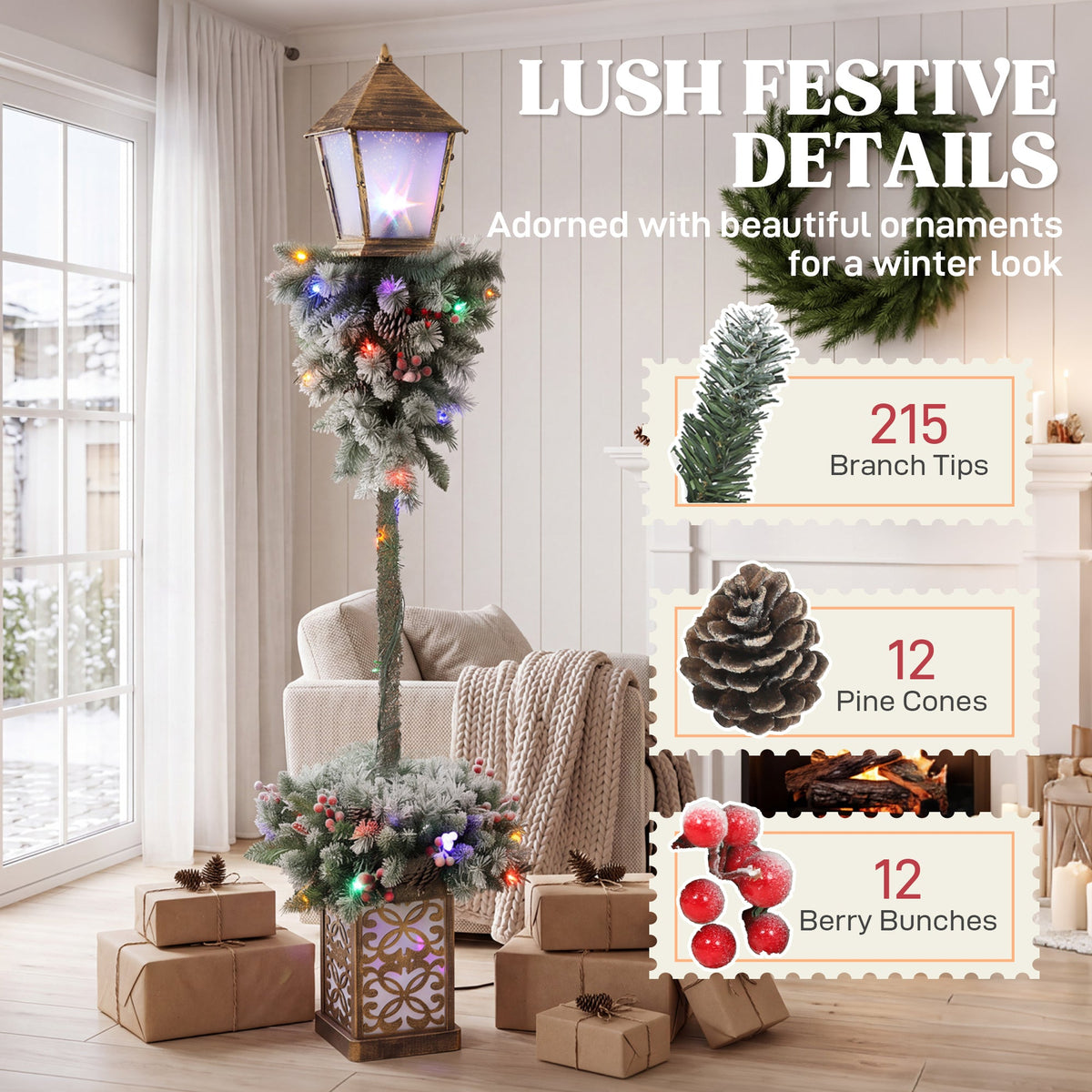 Christmas Street Lamp, Lighted Christmas Lamp Post with 50 LED Lights, 215 Snow Flocked Tips, Red Berries, Pine Cones, IP44 Waterproof, Outdoor Tree Lamp for Home, Doorway and Porch