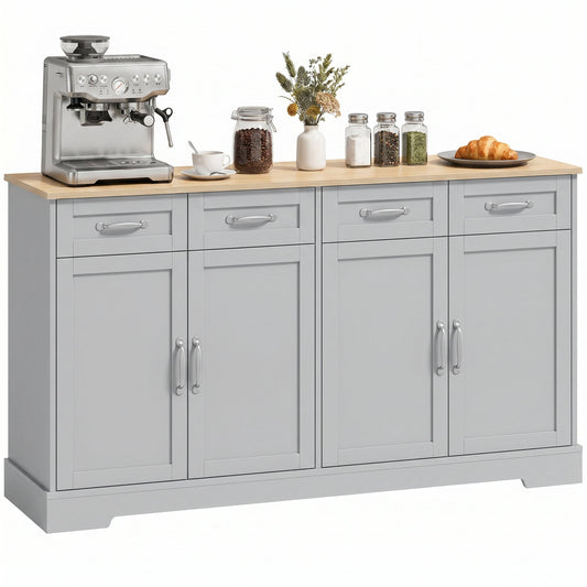 Sideboard Buffet Cabinet, 140 cm Modern Farmhouse Kitchen Storage Cabinet with 4 Drawers, 4 Doors and 2 Adjustable Shelves, Coffee Bar Station, Grey