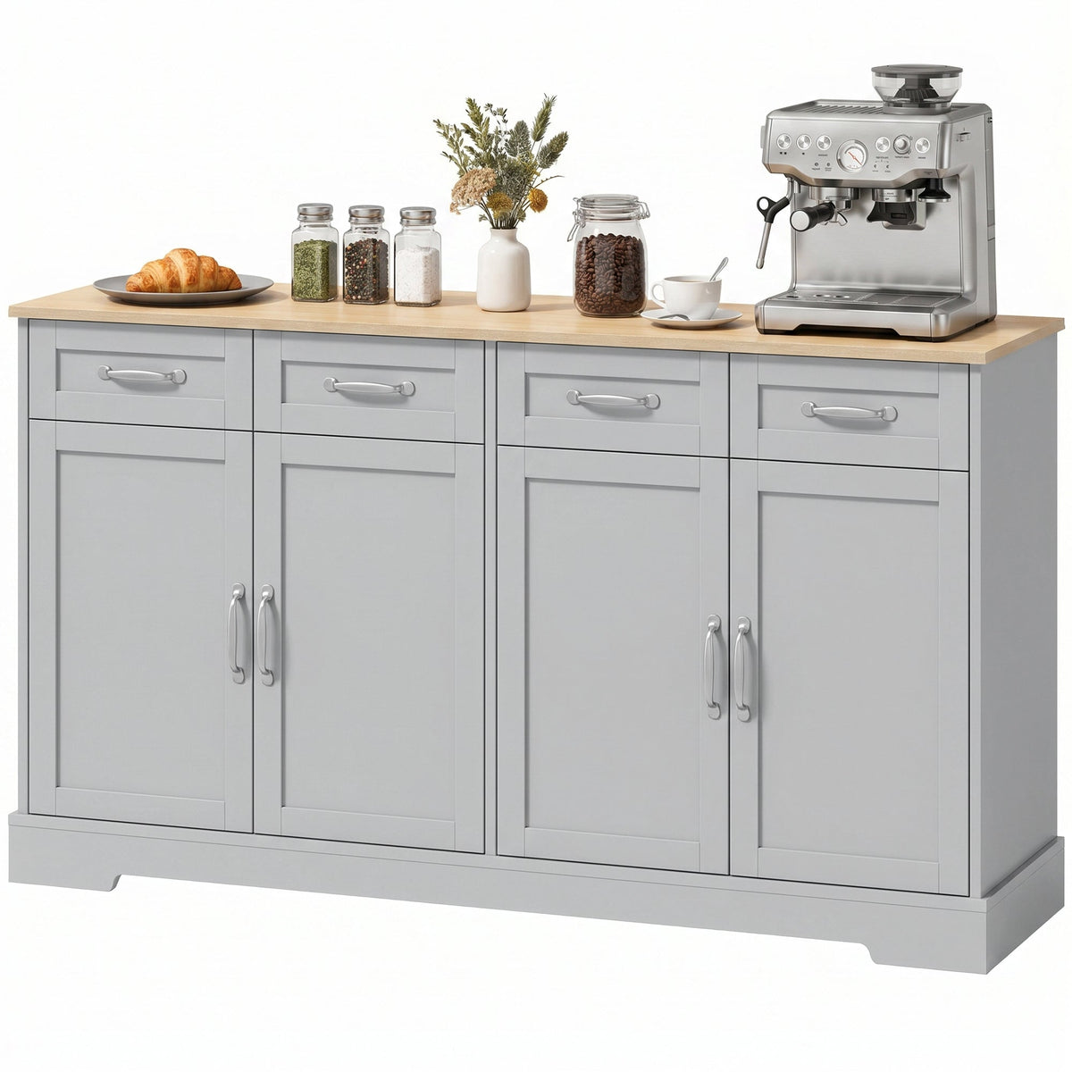 Sideboard Buffet Cabinet, 140 cm Modern Farmhouse Kitchen Storage Cabinet with 4 Drawers, 4 Doors and 2 Adjustable Shelves, Coffee Bar Station, Grey