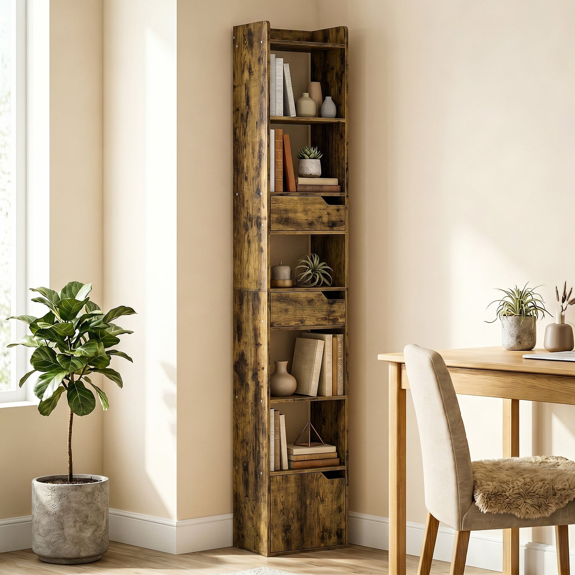 Bookcase with Drawers and Cabinet, 5-Tier Bookshelf, Narrow Tall Storage Cabinet with Anti-Tip for Living Room, Study, Home Office, Rustic Brown