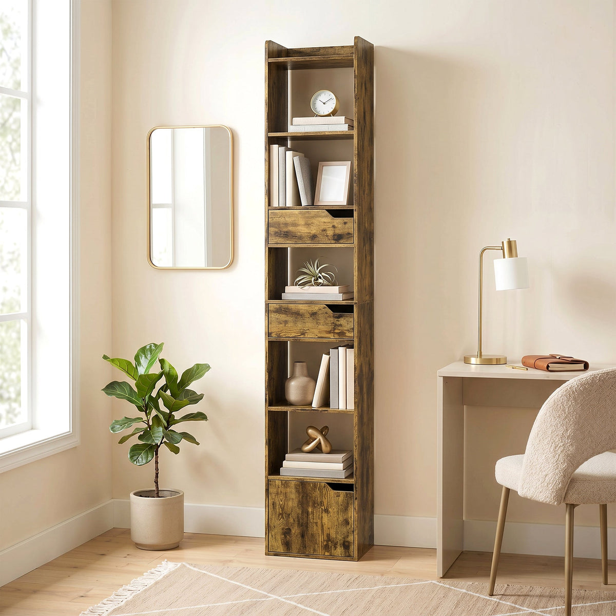 Bookcase with Drawers and Cabinet, 5-Tier Bookshelf, Narrow Tall Storage Cabinet with Anti-Tip for Living Room, Study, Home Office, Rustic Brown