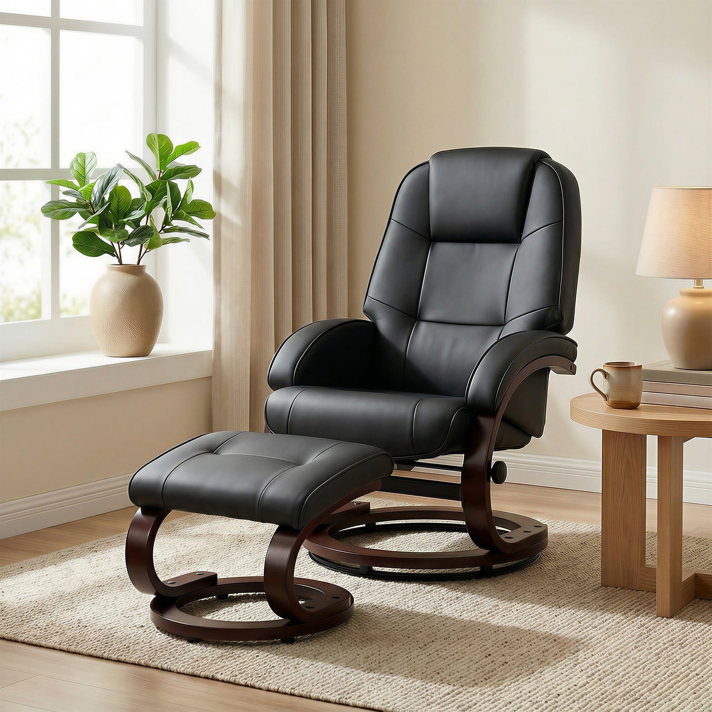 Swivel Recliner Chair with Footstool, PU Leather Recliner Armchair with High Back and Wood Frame, Reclining Chair Lounge with Padded Armrests for Living Room, Black